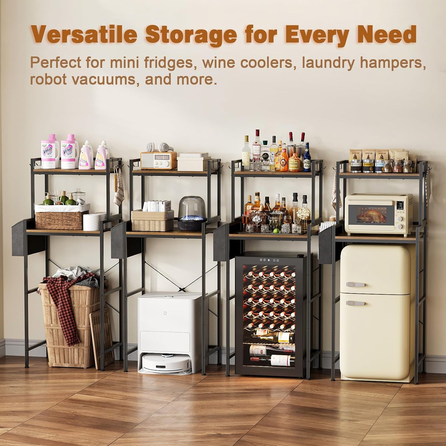 Espelism 3-Tier Mini Fridge Stand with Storage, Baker’s Rack for Mini Fridge and Microwave, Microwave Organizer Shelf for Kitchen Storage, Space-Saving Cabinet for Coffee Bar, Dorm, Office