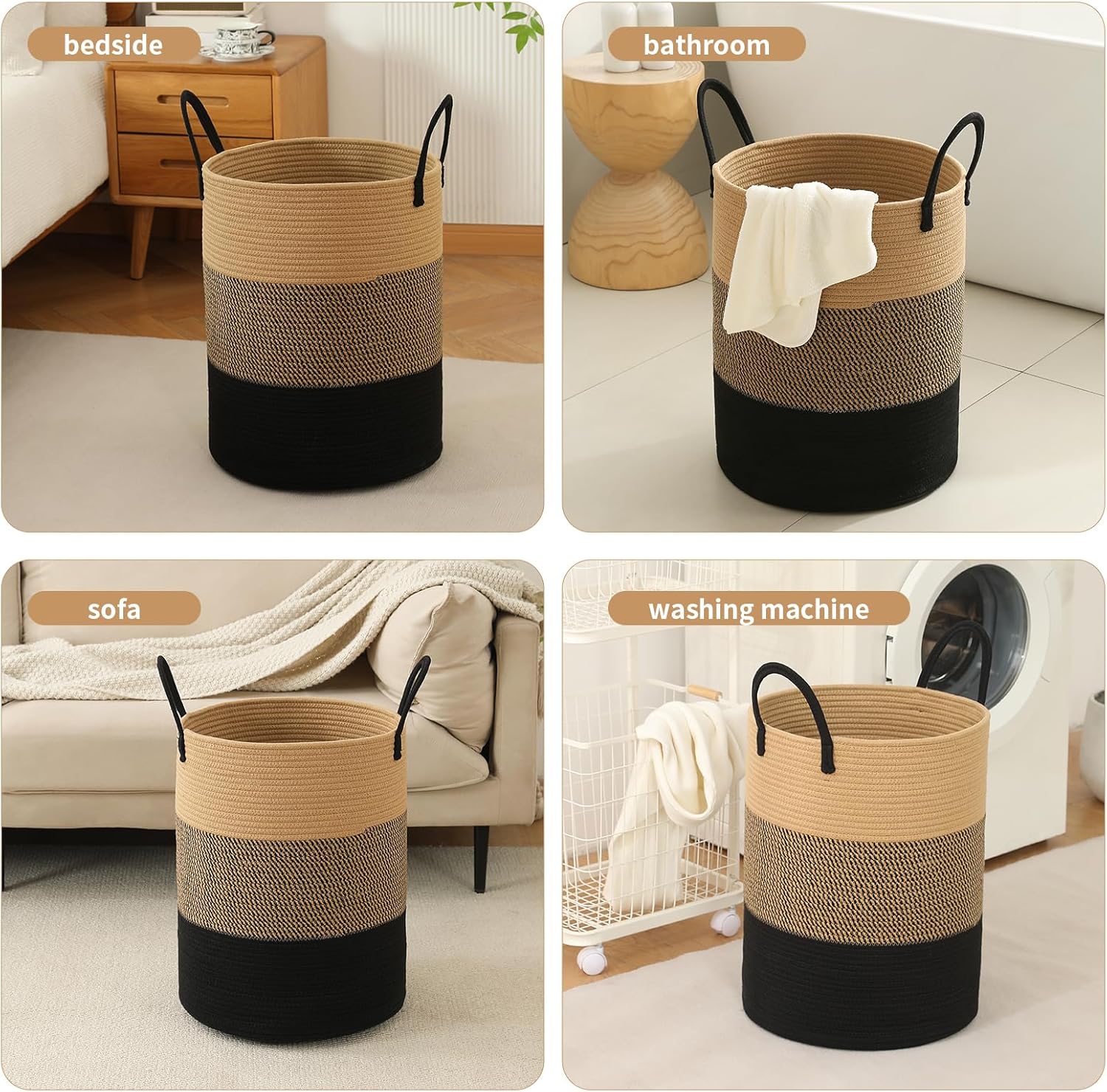 Laundry Basket Hamper Tall Rope Storage Woven for Blanket toys Dirty Clothes in Living Room Bathroom Bedroom (Jute Brown & Black, 60L/15.8Gal)