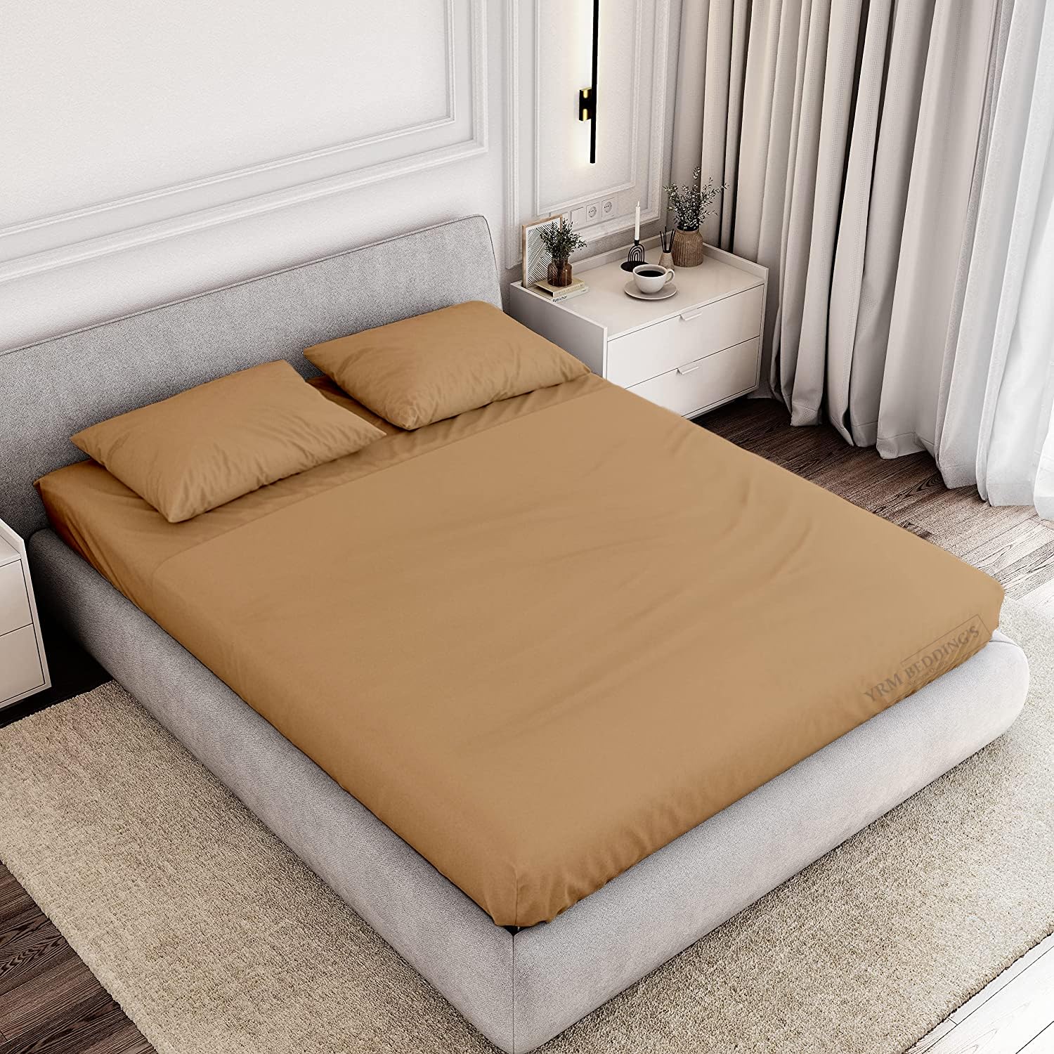 EDMUND - Super Soft Elastic Fitted Bedsheet with Pillow Covers Double Size (48" X 78"+ 8") Fitted Bedsheet Machine Washable Cotton Finished Elastic Bedsheet Double Size | Beige