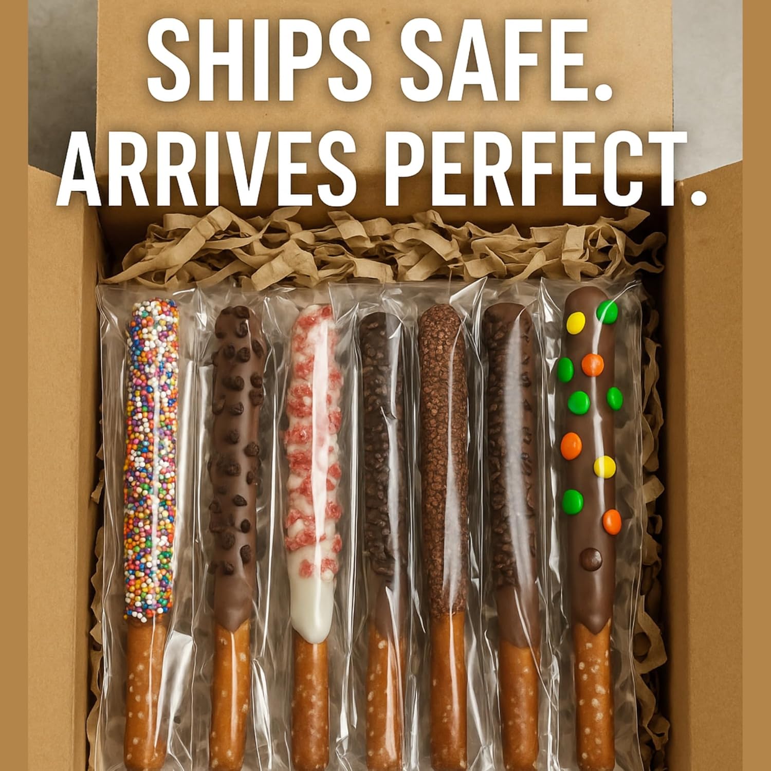 Chocolate Covered Pretzel Rods Gourmet Pretzel Sticks with Rainbow Sprinkles & Assorted Toppings Bulk 50 pack Individually Wrapped Chocolate Covered Pretzels Free sampler 4 oz chocolate twists