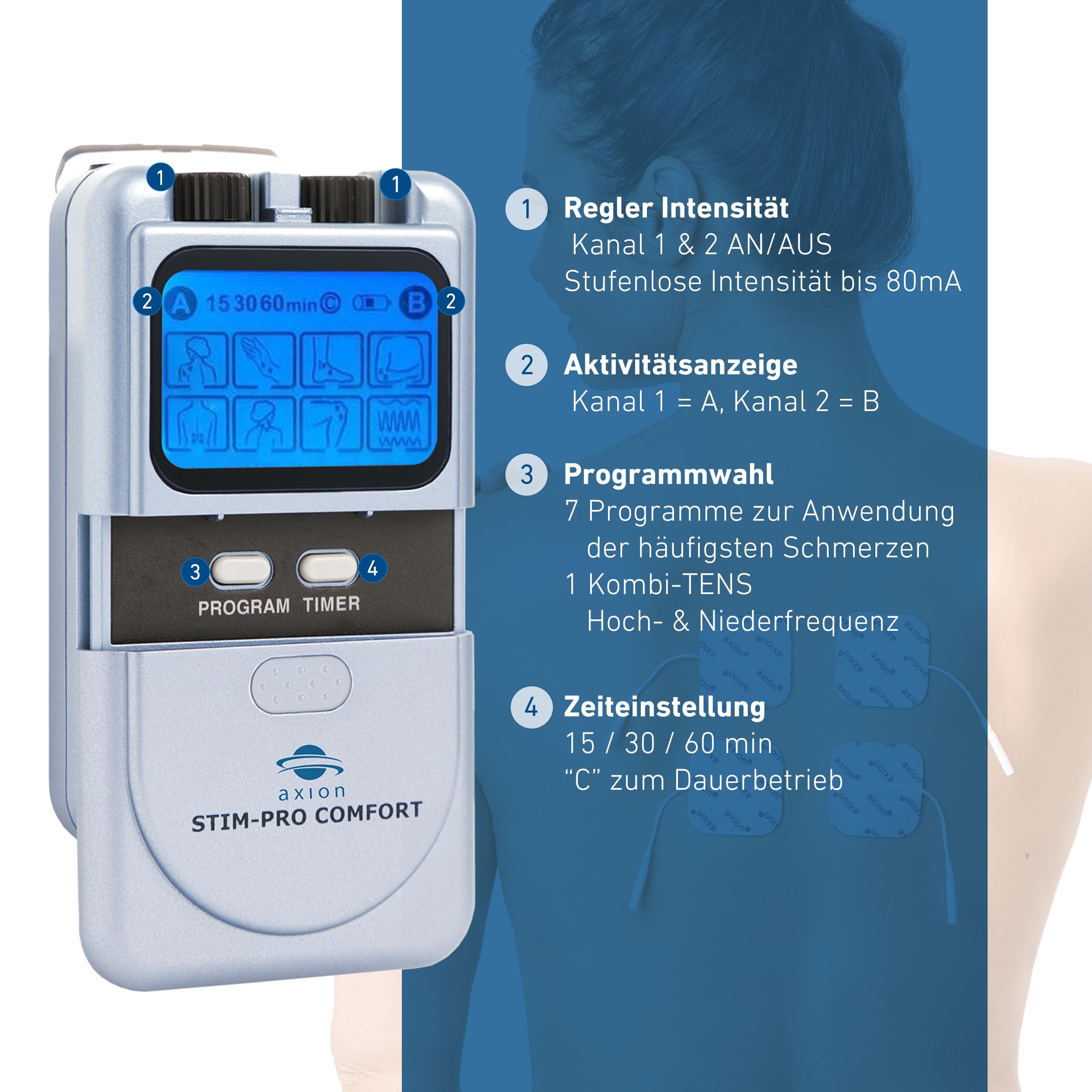 axion® STIM-PRO Comfort - TENS Gerät zur Schmerztherapie. Medizinprodukt | Praktisches Reizstromgerät mit voreingestellten Programmen. Inklusive 4- 5x5 cm Tens Elektroden Pads. Zertifiziert nach MDR
