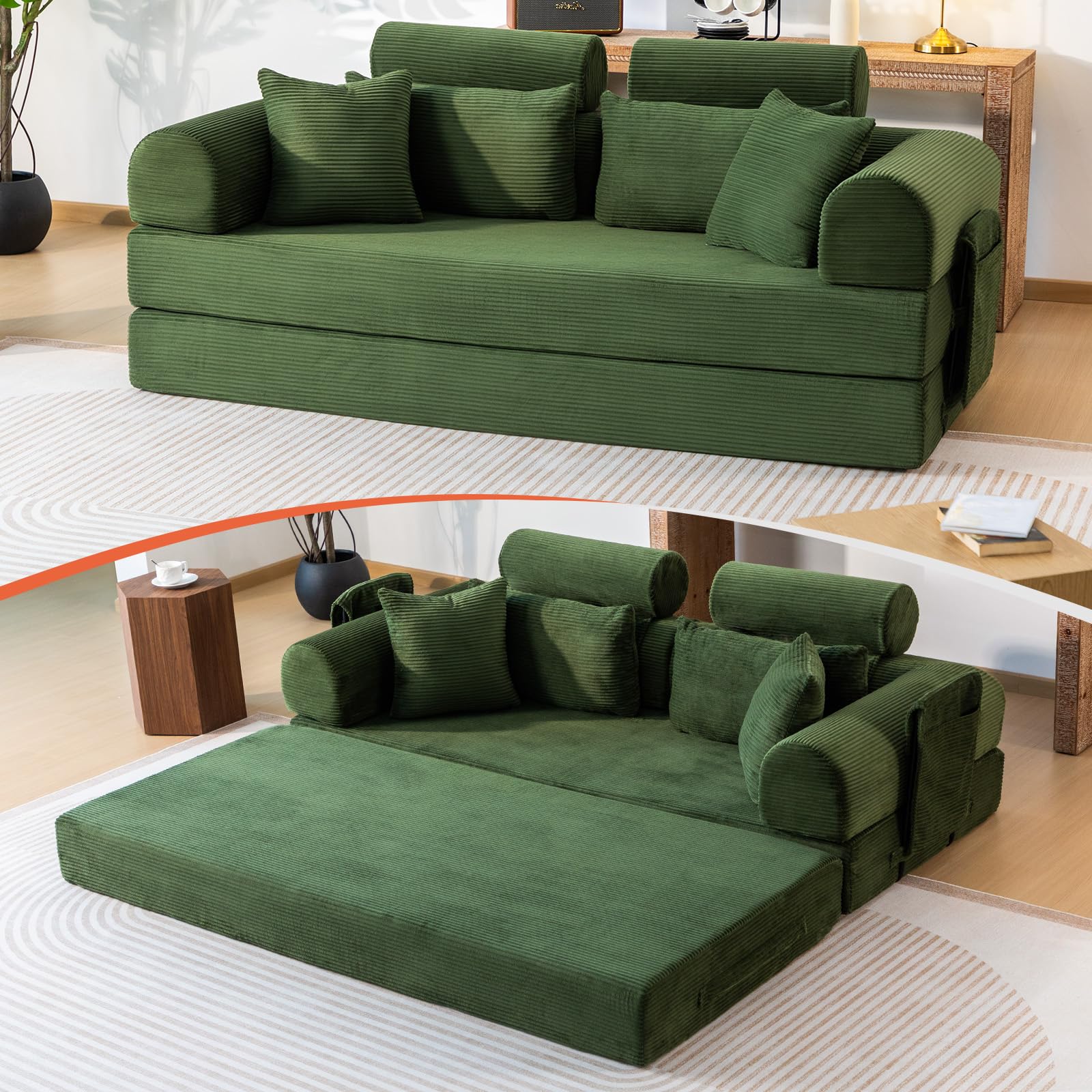 79" Corduroy Sofa Bed Sleeper Couch, 4-in-1 Convertible Boneless Floor Futon Loveseat, High-Density Foam Couch in a Box with 2 Headrest Pillows, No Assembly, Olive Green