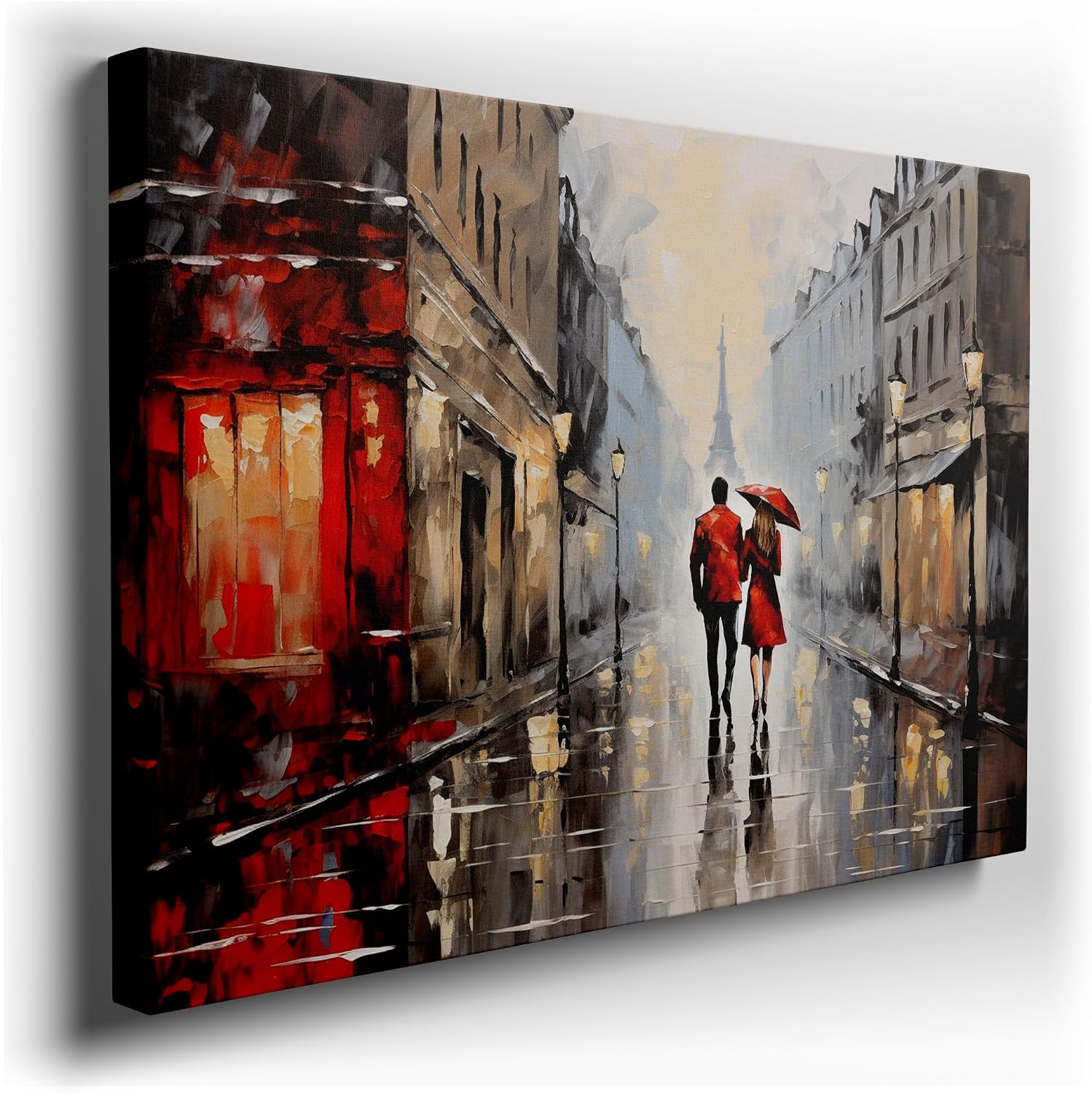 Canvas for Living room. Strolling Under Starlight: A Romantic Parisian Evening with a Crimson Embrace, 27 x 18 inch Canvas Wall Art - Contemporary Masterpieces - Modern Home Decor