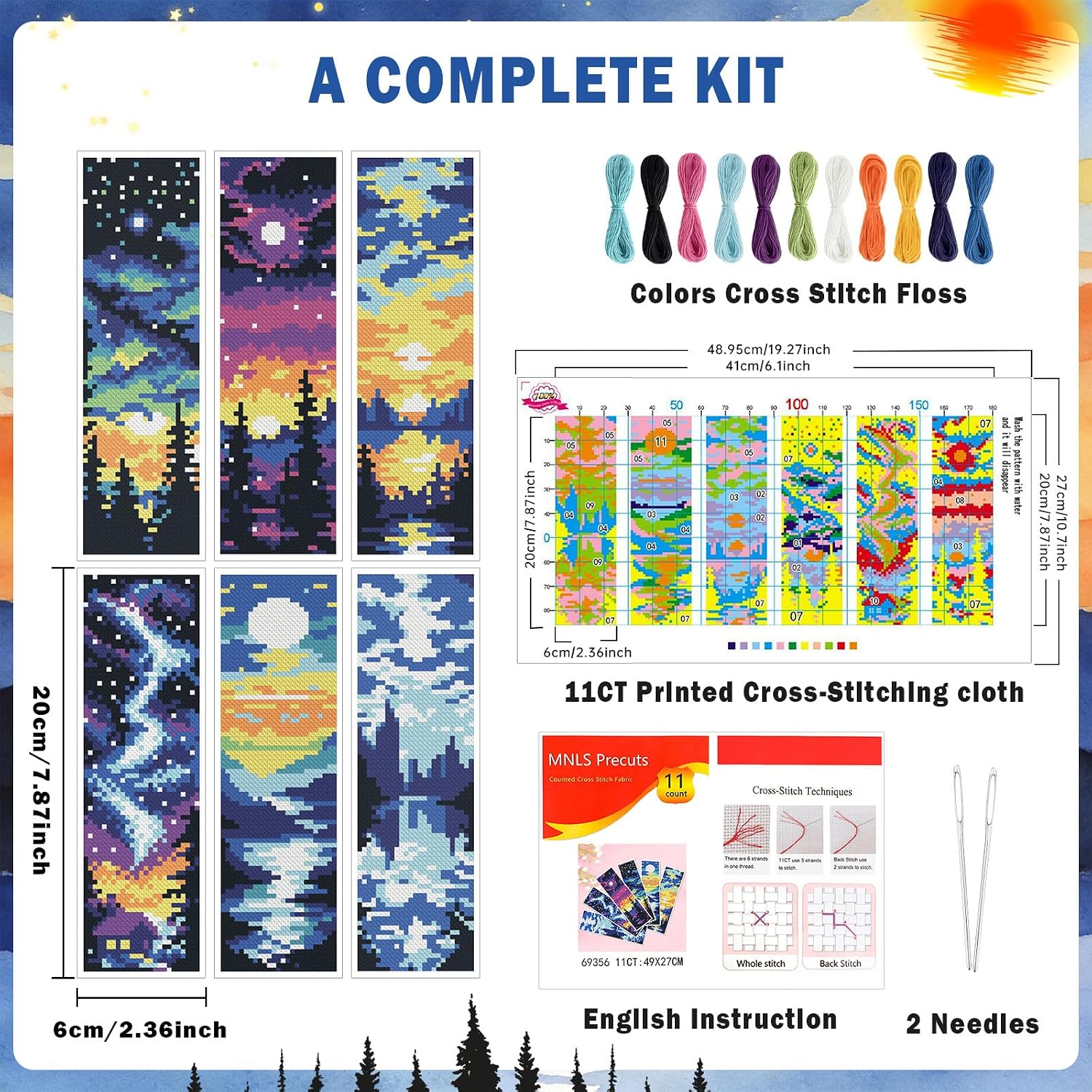 JSRQT Cross Stitch Bookmark Kit,6Pcs 11CT Landscape Pre-Stamped Embroidery Bookmarks,DIY Stitching Book Accessories Handcraft Gift for Adults Beginners,8''x 2.4" (20 x 6cm) image 3