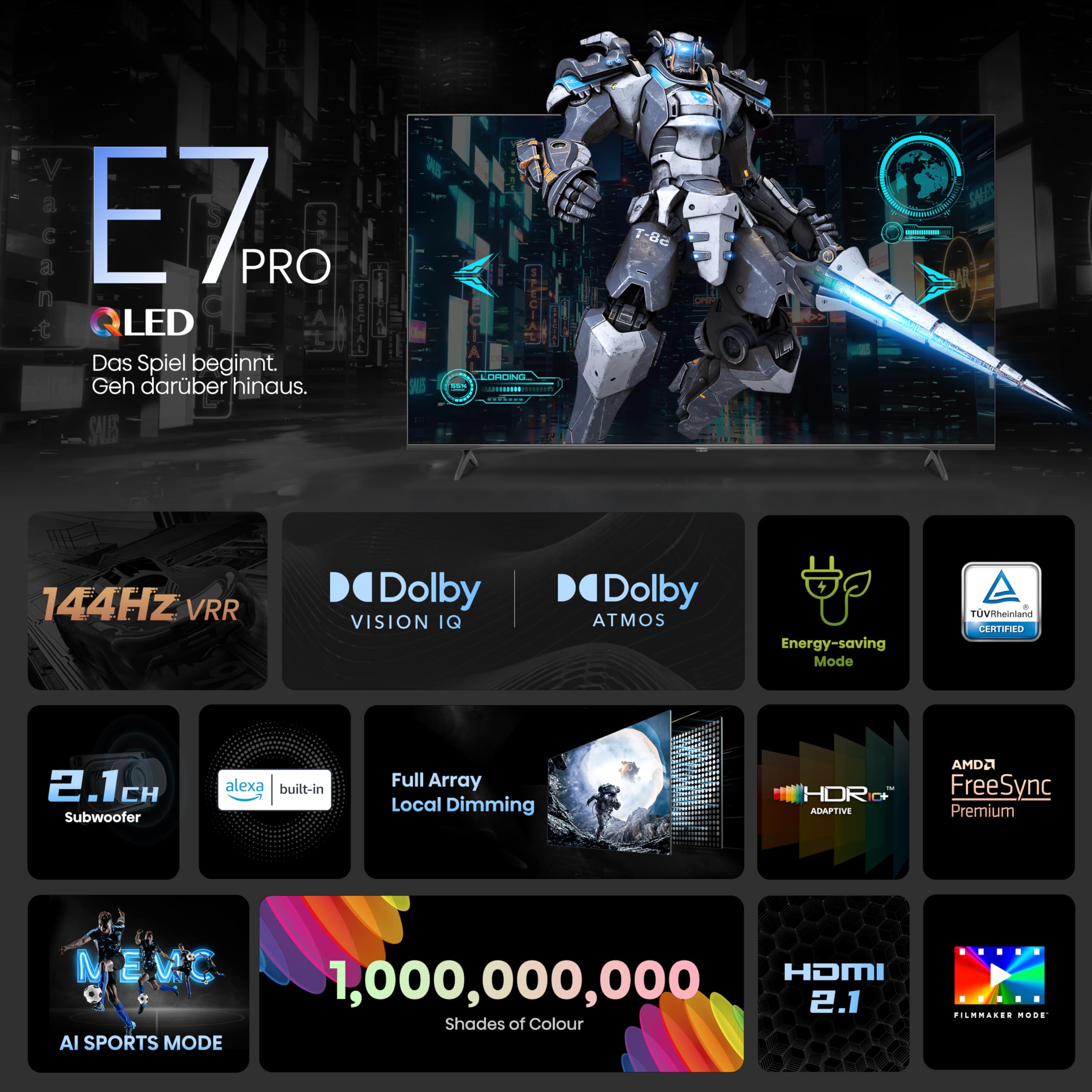Hisense 65E7NQ Pro 164 cm (65 Zoll) Fernseher, 4K UHD, QLED, Smart TV, Total HDR, Dolby Vision IQ Atmos, 144Hz (VRR), HDMI 2.1, Game Mode PRO, Triple Tuner, Alexa Built-In, Dunkelgrau, [2024]