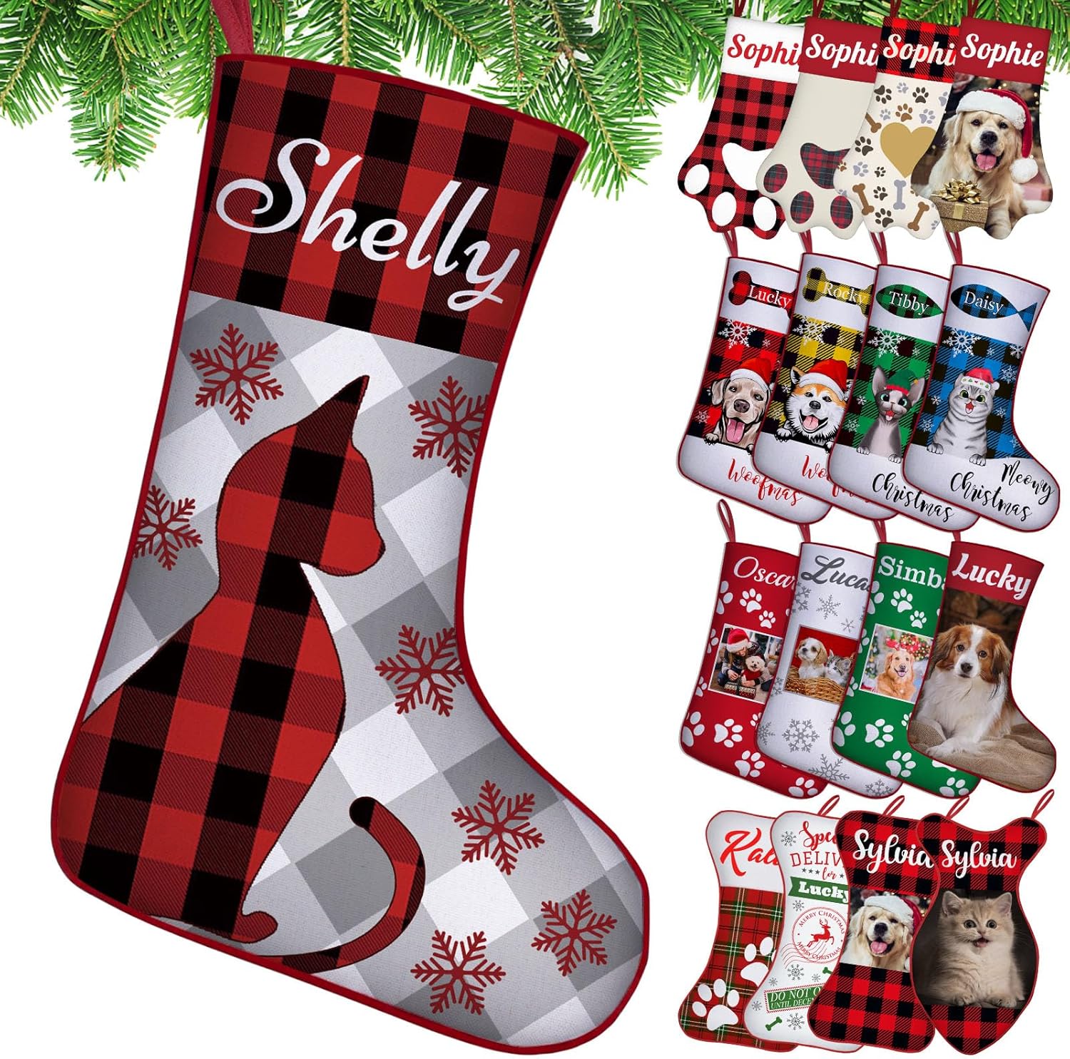 SIMIEEK Personalized Cat Christmas Stockings Buffalo Plaid Custom Pet Stocking with