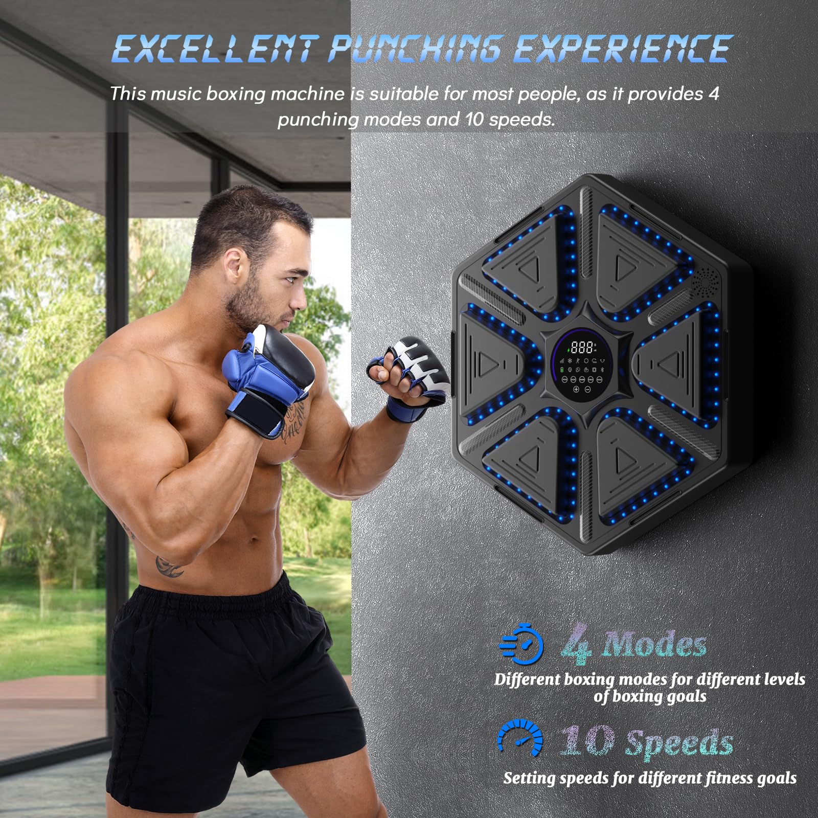 Macchina Da Pugilato Musicale Con Bluetooth - 9 Livelli Velocità, Luci LED, Include Guantoni, Per Allenamento Casa - 12