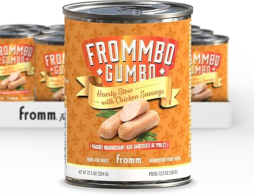 Fromm Frommbo Gumbo Hearty Stew con salchicha de pollo - Comida húmeda prémium para perros - Receta de pollo - Caja de (12) latas de 12.5 onzas