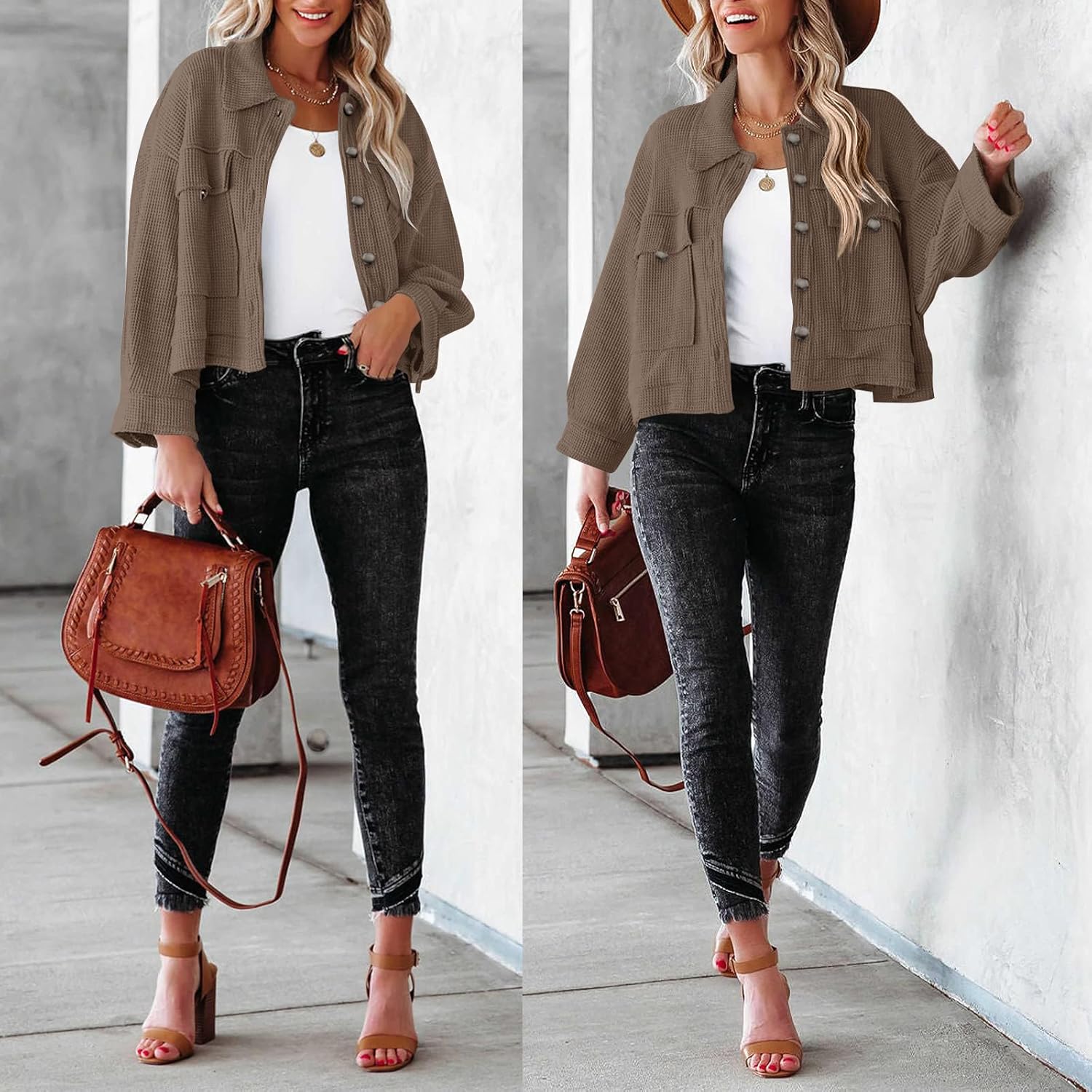 BZB Womens Waffle Knit Shacket Jackets Lightweight Cropped Shacket Long Sleeve Button Down Shirts - Image 5