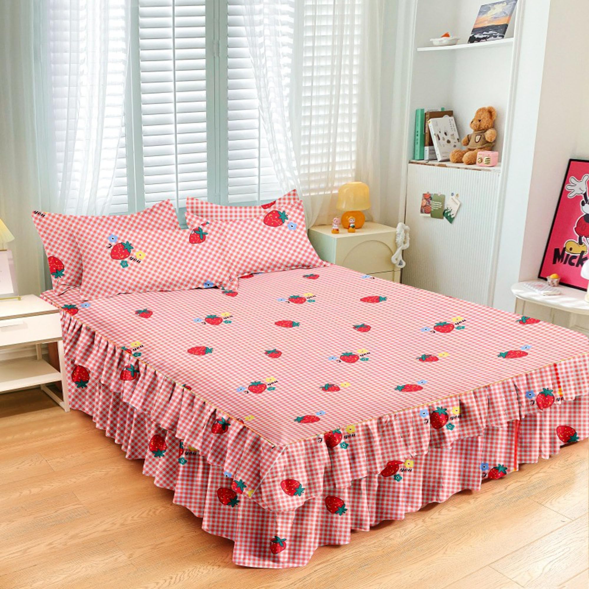 Elegante Faldón de Cama con Volantes Juego de 3 Piezas, Falda de Cama Volante, Suave y Transpirable Sábana Bajera, Funda de colchón para Habitaciones, dormitorios, hoteles