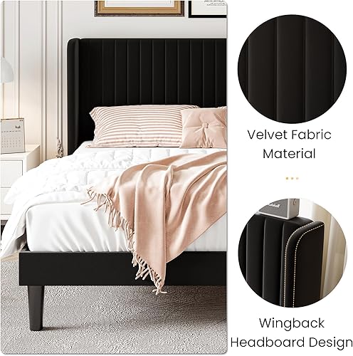 Miniatura 5 de SHA CERLIN Queen Size Velvet Bed Frame with Vertical Channel Tufted Wingback Headboard, Upholstered Platform Bed with Wood Slats, No Box Spring