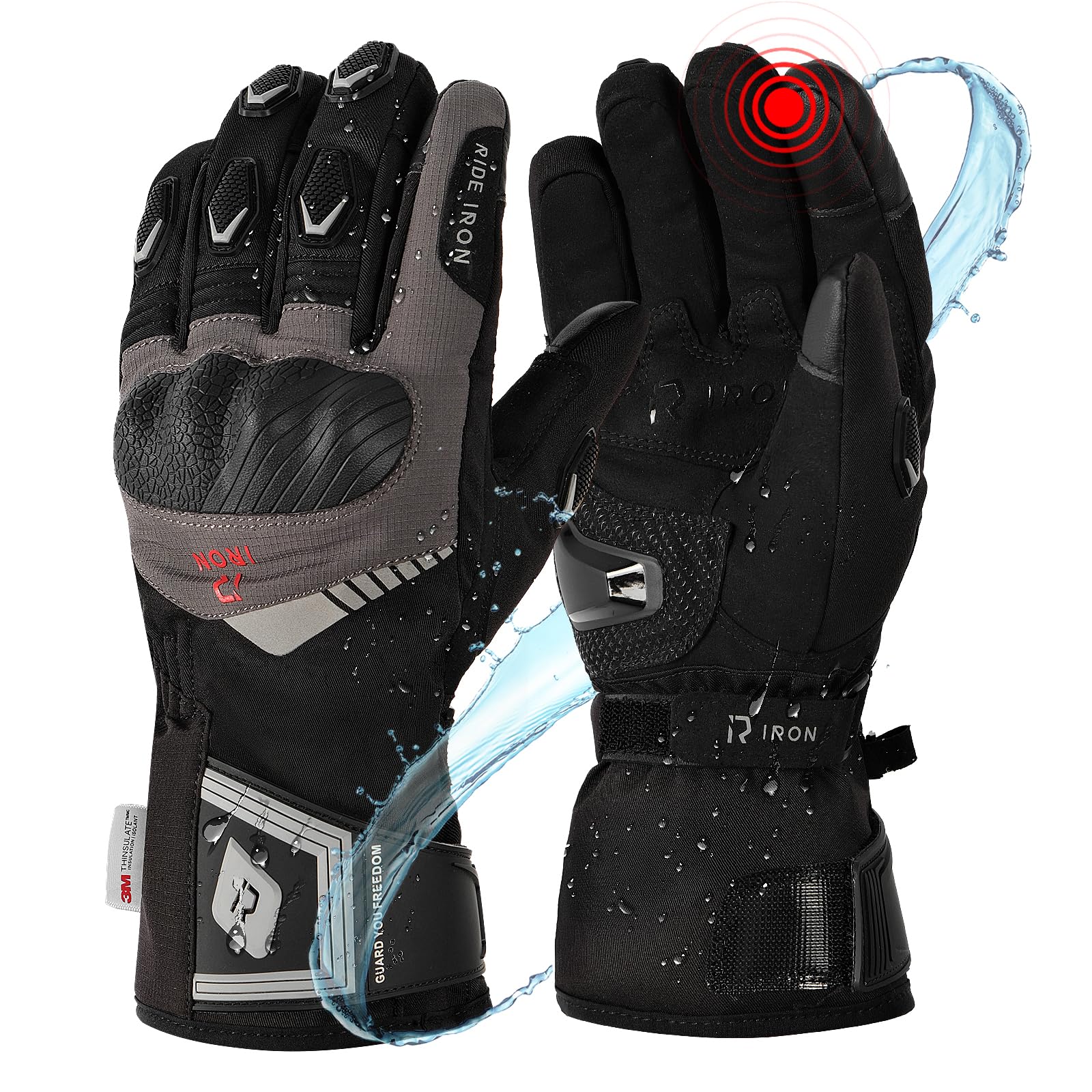 RIDEIRON Winter Motorradhandschuhe Herren, Warm & Wasserdicht, Touchscreen, Verstärkte Zone, 3M Isolierung für kalte Temperaturen，M-XXL