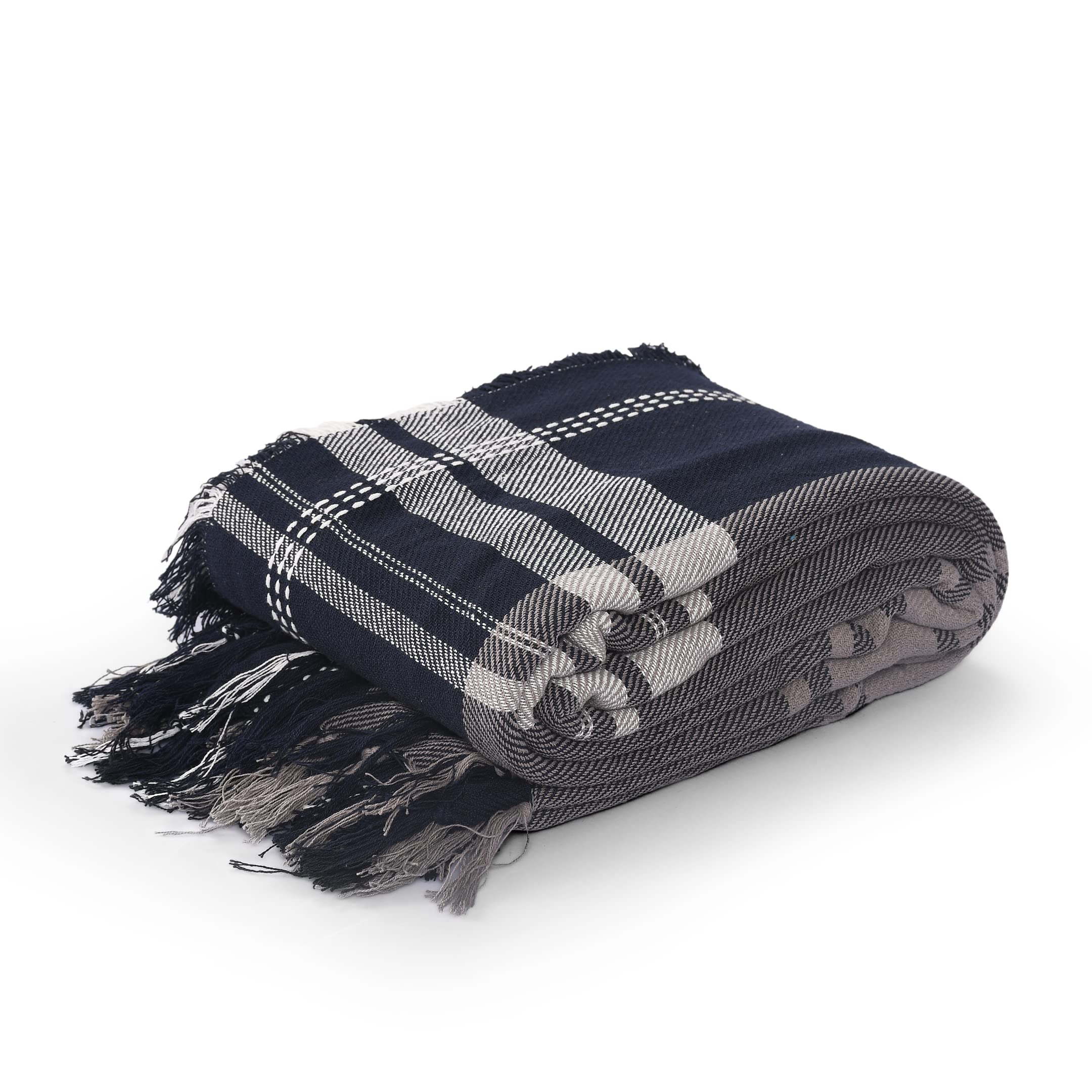 La Maison 100% Indian Cotton Check Pattern Large Batten Throwover Sofa Throw Multicoloured Bed Throw Woven Handloom Tassel Armchair Decorative Blanket (Navy/Ivory, 127cm x 152cm / 50" x 60")