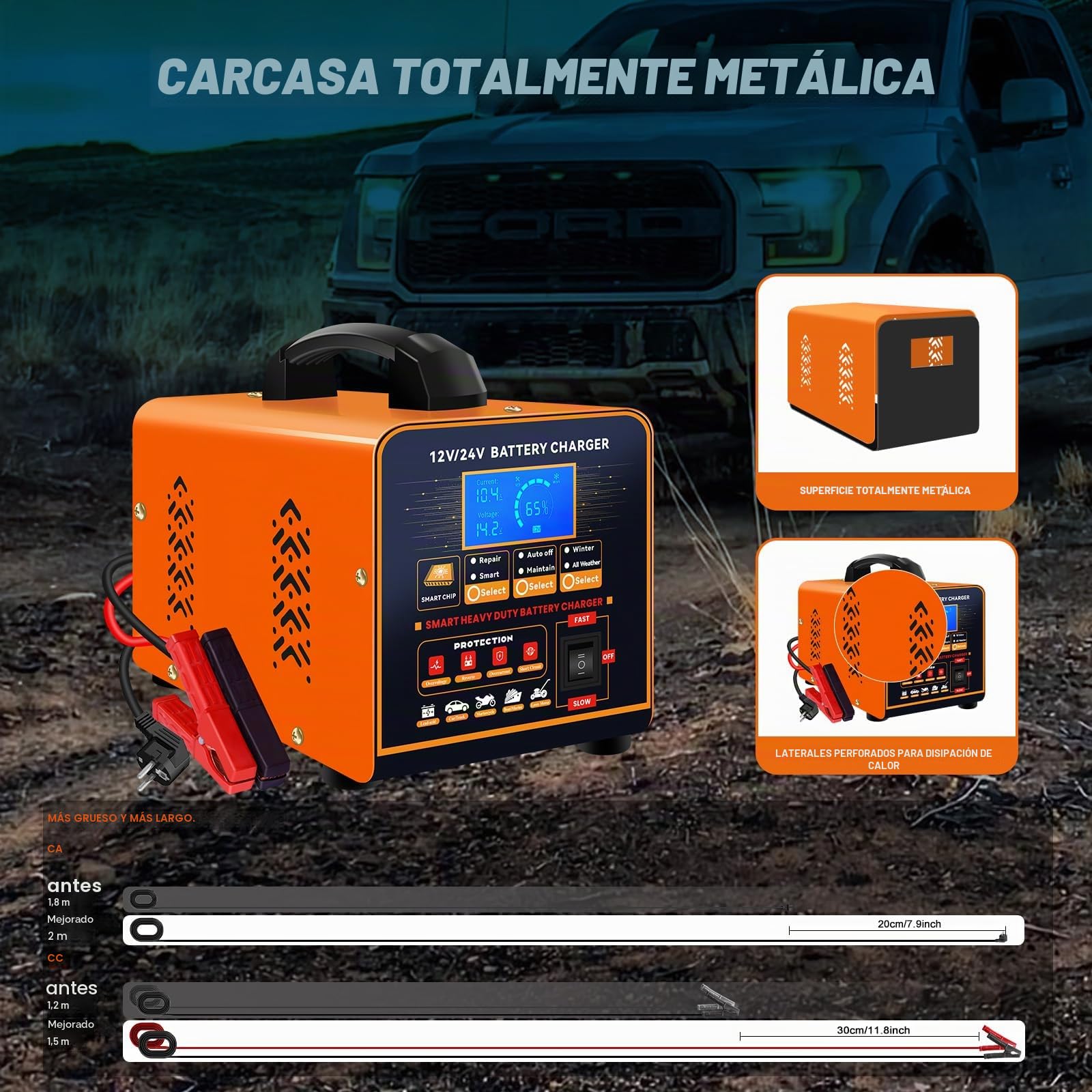 20A Cargador de Baterías Metal 12V/24V Profesional Mantenedor Automático, Cargador Inteligente con Apagado Automático, Reparación, Modo Invierno para Coche Camión Moto (Plomo, AGM, Gel, etc)