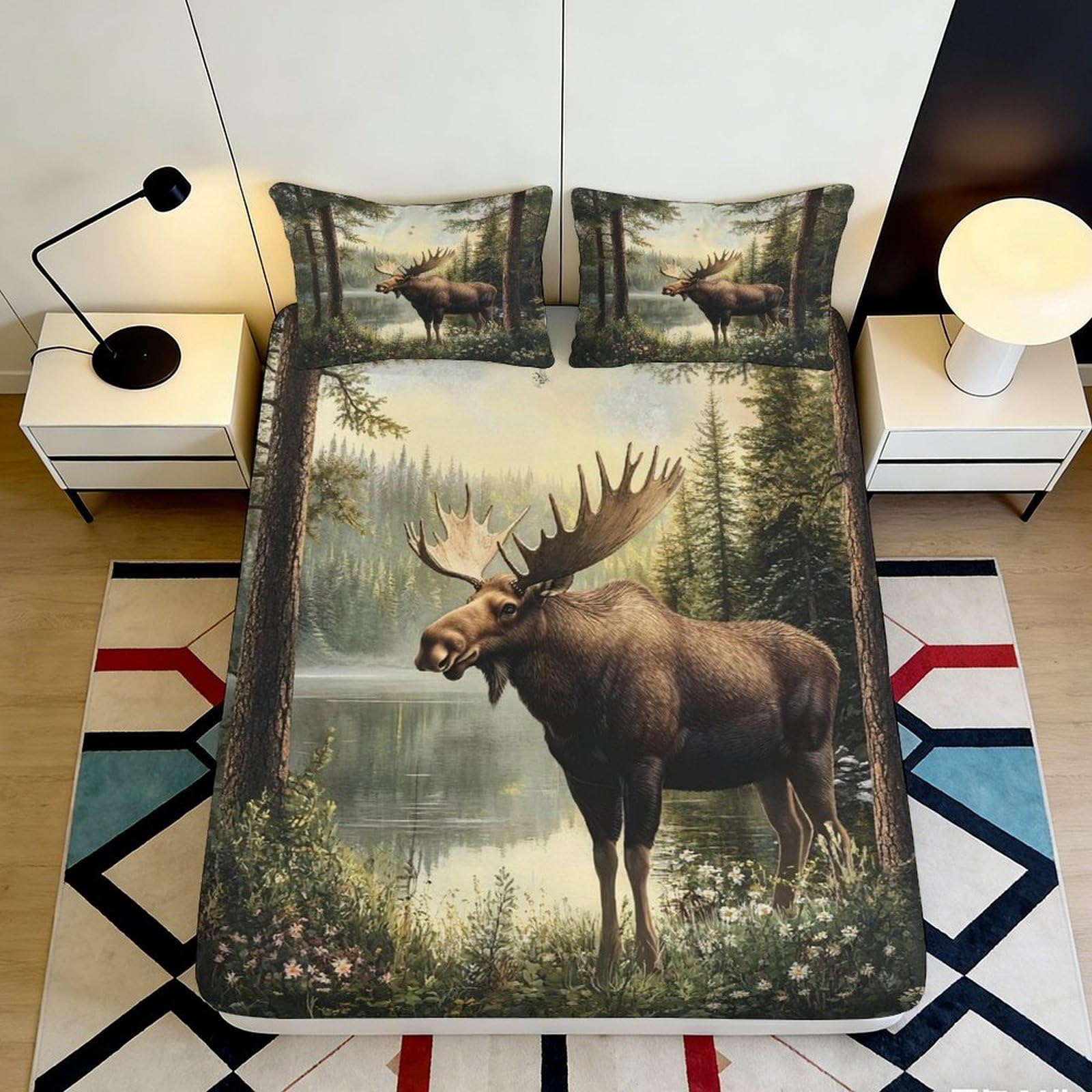 3D Printed Forest Moose Fitted Sheet Microfiber Soft Breathable Woodland Lake Bed Cover for Bedroom Guest Room Decor 90x200x25cm