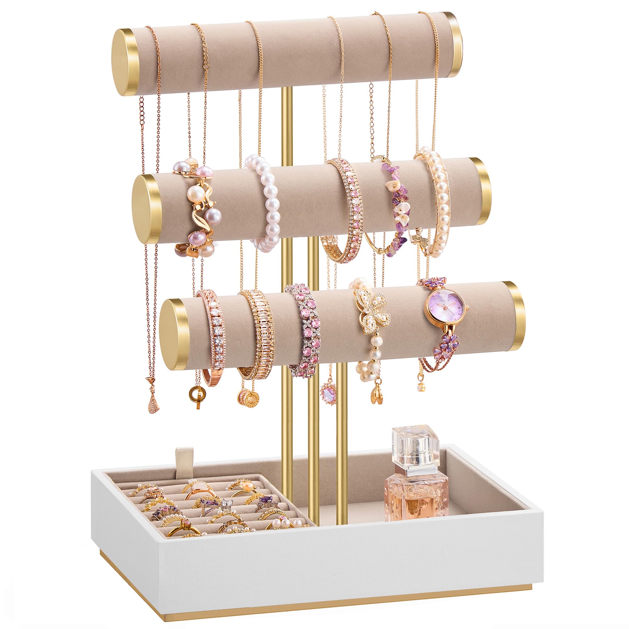 SONGMICS Bracelet Holder Stand, Jewelry Display Stand, Jewelry Organizer, with 3 Tiers and Velvet Tray, Removable Ring Holder, Christmas Gift, Cloud White and Camel Brown UJJS027A01 Cloud Wh