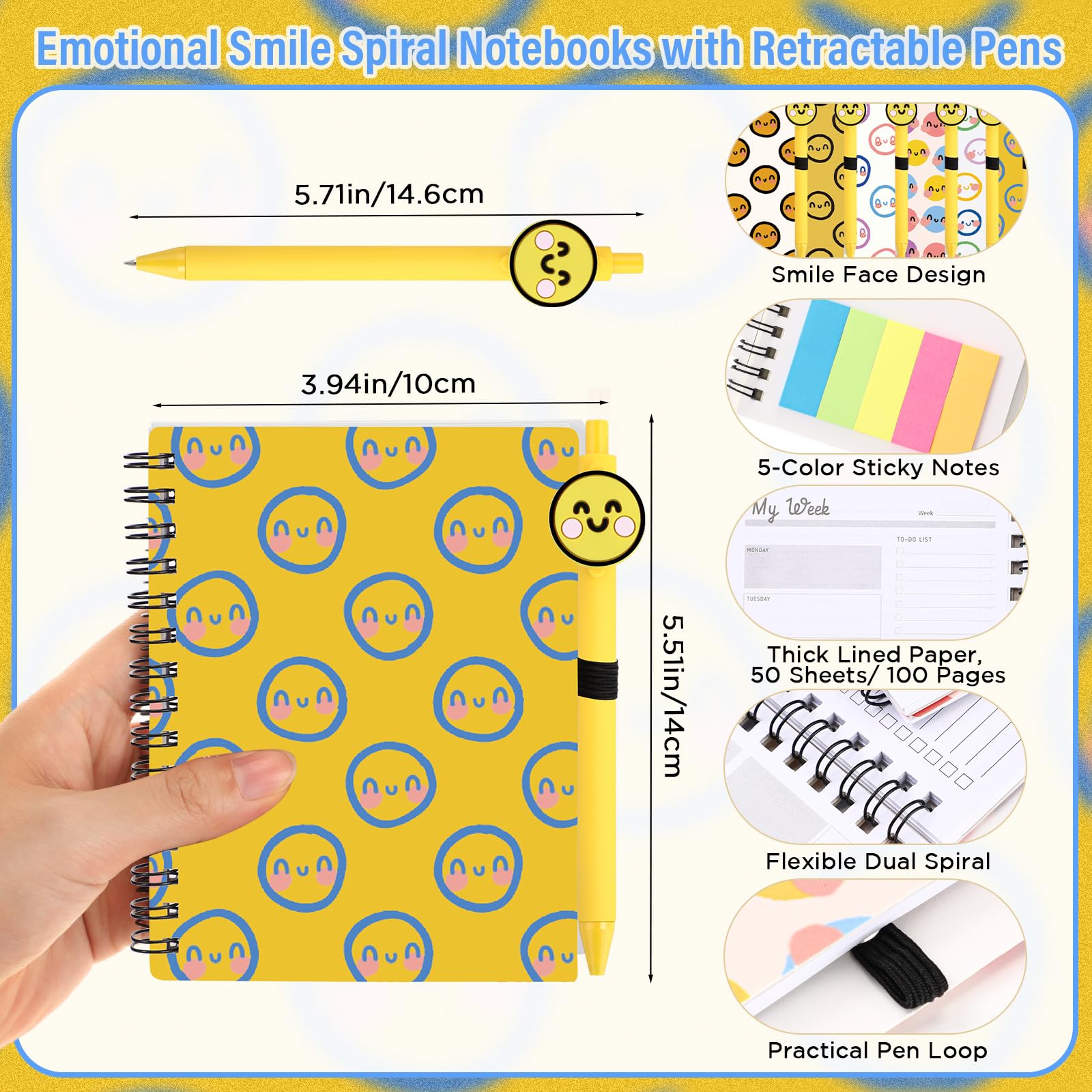 Sayglossy 72 quaderni con supporto emotivo sorridente con note adesive, penne a sfera Happy Face, regalo per il primo giorno di scuola, per studenti, insegnanti, colleghi (agenda settimanale)