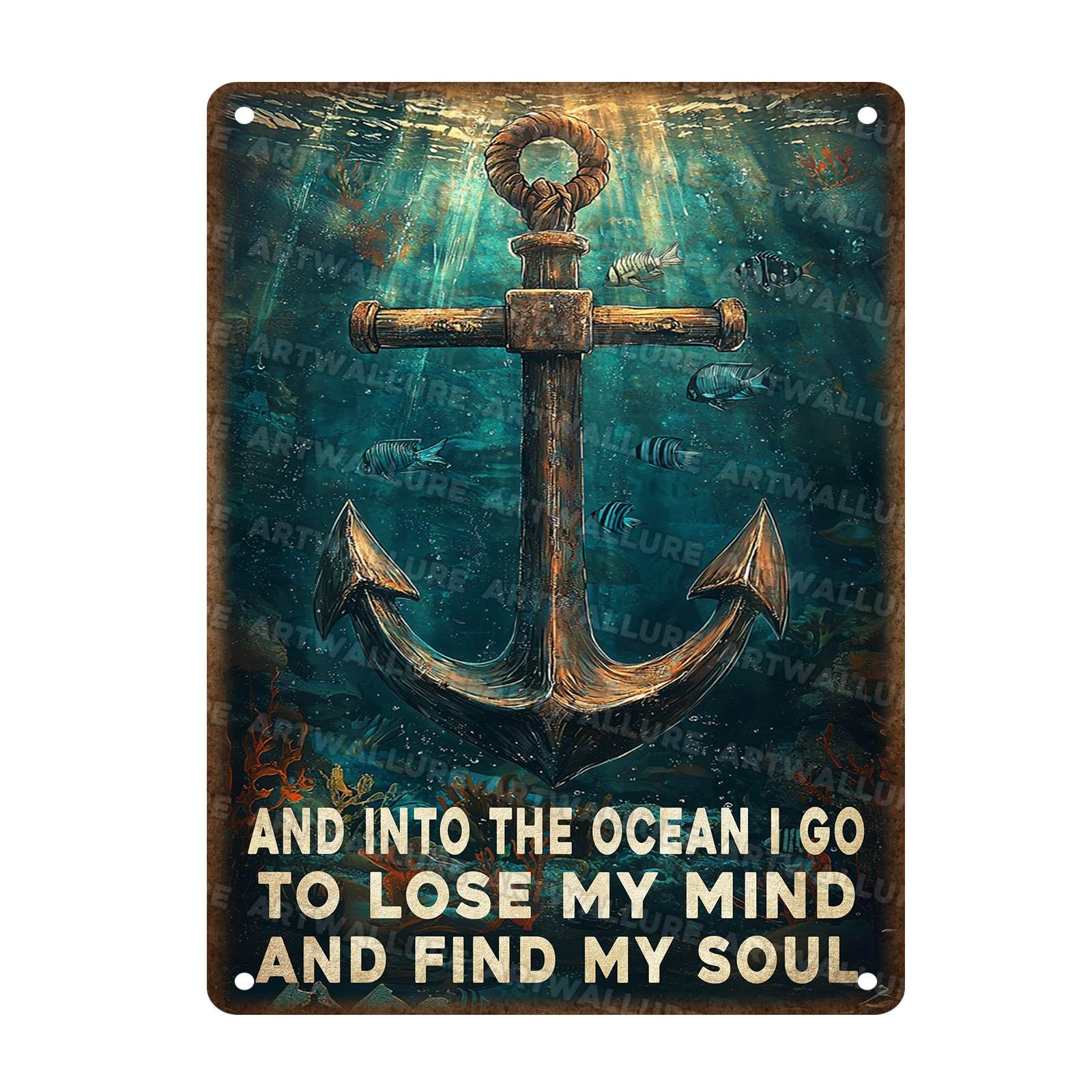 Rustic Metal Poster Anchor And Ocean Soul Tin Sign Coastal Wall Decor For Boat Garage Man Cave Beach Bungalow Nautical Gift Sailor Theme 12x16Inch
