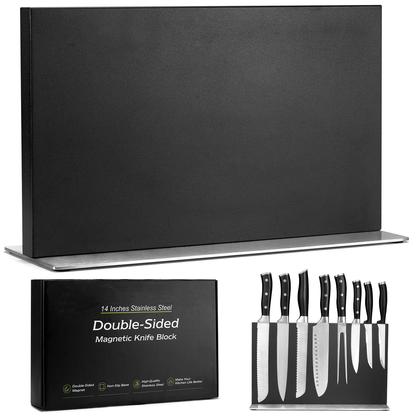 ENOKING Grand Porte Couteaux Aimanté, Double Face Bloc Support Couteaux Aimanté, Porte Couteau Aimanté en Acier Inoxydable, Range Couteaux de Cuisine sûr et peu Encombrant（35cm,Noir）