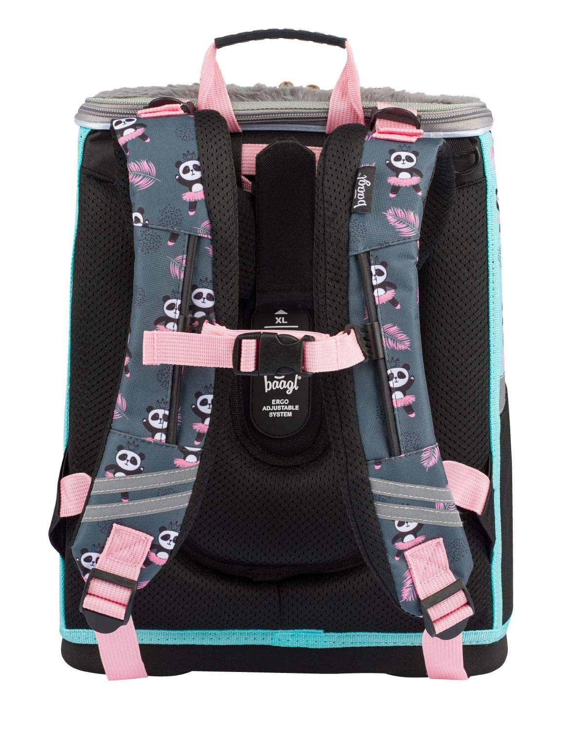 Baagl Set da 3 Pezzi Zaino Scuola Primaria con Cintura sul Petto, Zainetto Ergonomico per Bambini, Panda, 37x28cm