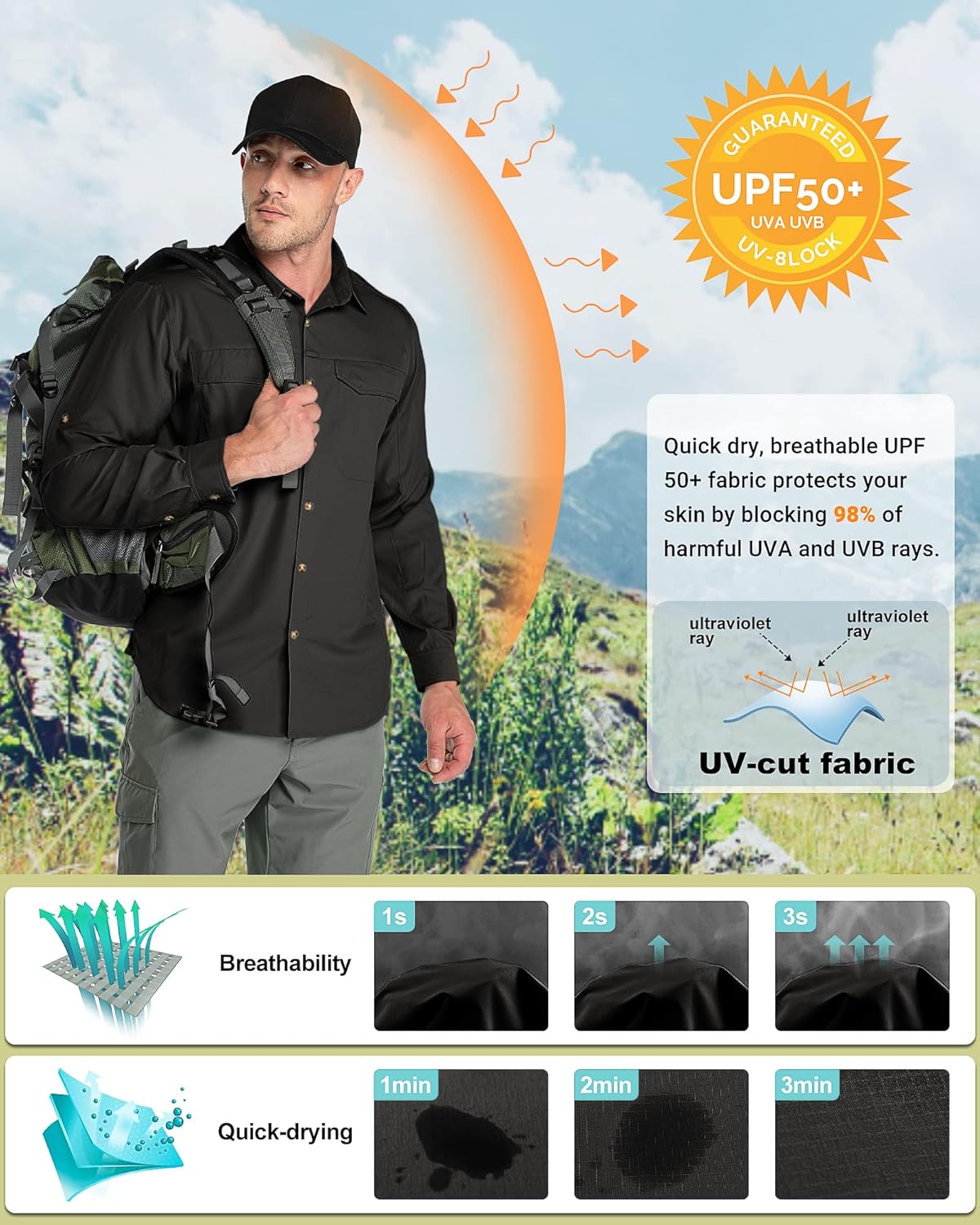Outdoor Ventures Men's UPF 50+ UV Sun Protection SPF Hiking Shirt Long Sleeve Lightweight Quick Dry for Safari Travel Fishing - Image 4