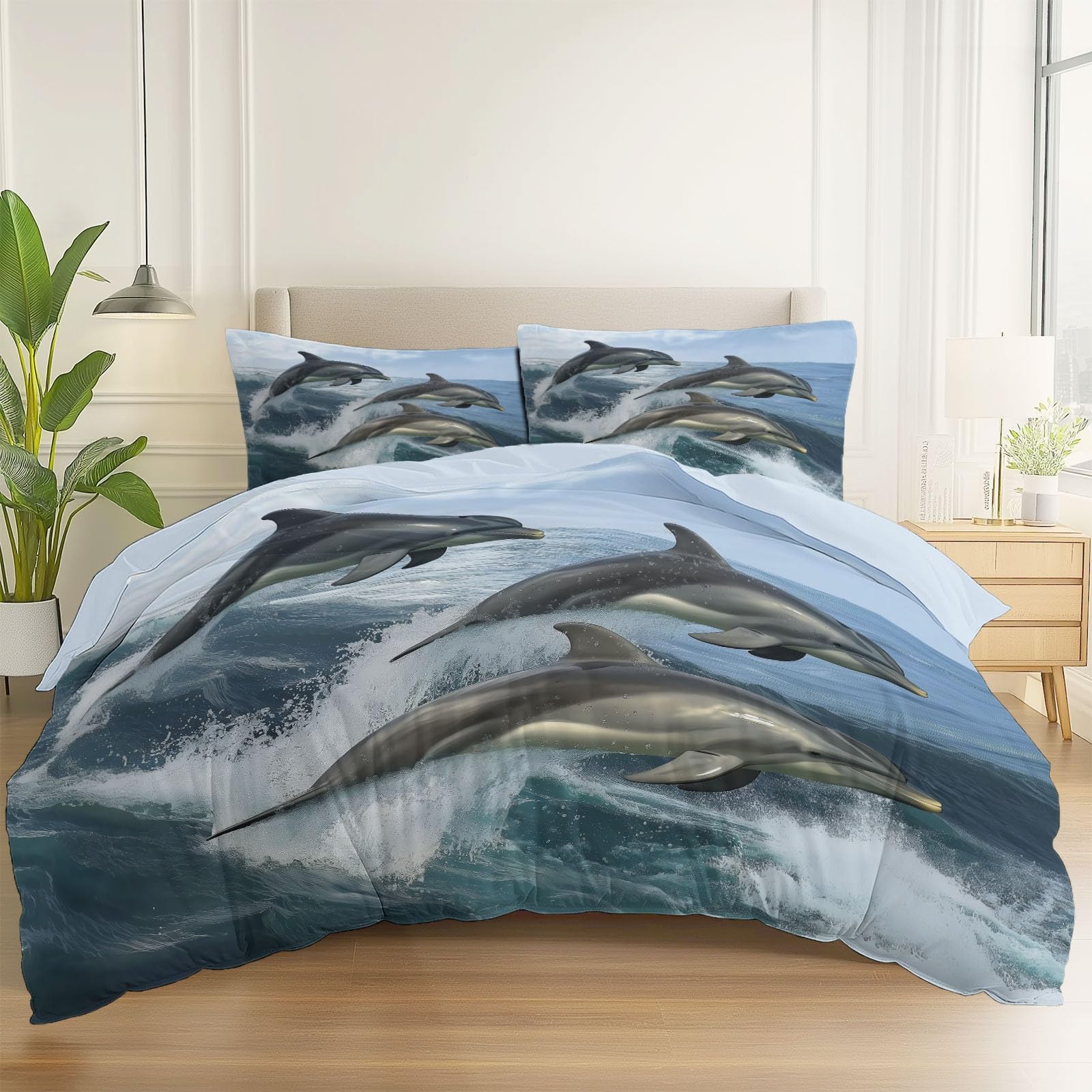 Poszwa na kołdrę ze zwierzęciem Delfin Elegancki nadruk z nadrukiem, jasnoniebieski zestaw pościeli z mikrofibry z 2 poszewkami na poduszki, poszwa na kołdrę 240x260 cm dla dzieci młodzież i dorośli