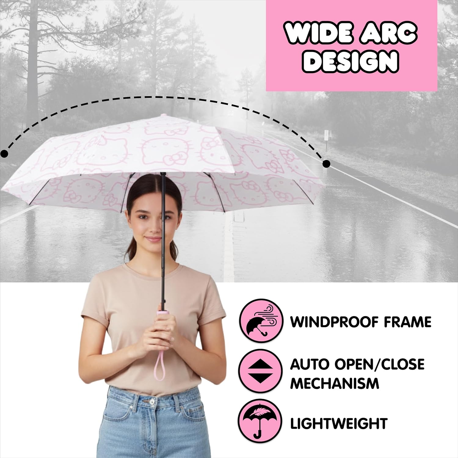 Hello Kitty Expression Umbrella, Compact Auto Open and Close, Durable Frame, Matching Sleeve, White Pink