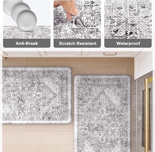 Vista 40 de KIMODE - Juego de 2 tapetes de cocina antifatiga, estilo vintage, antideslizantes, impermeables, ergonómicos, acolchados, cómodos para lavandería