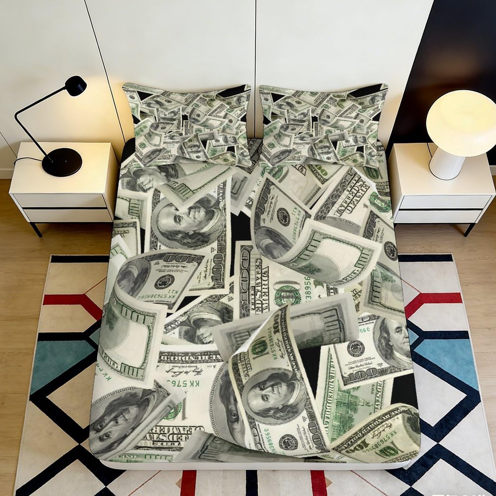 3D Printed Money Pattern Fitted Sheet Microfiber Soft Breathable Dollar Banknote Bed Sheet for Bedroom Dorm Decor 90x200x25cm