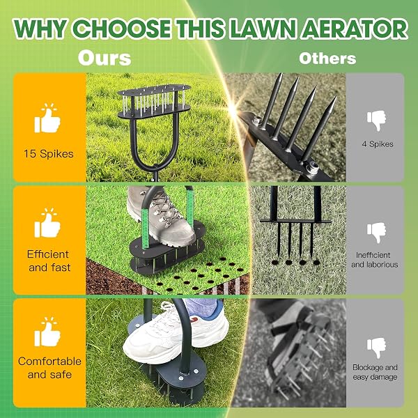 Lawn Aerator Automatic Dirt and Leaf Clean Design,Pre-Assembled 15 Iron Spikes Metal,Soil Lawn Aerating Tools for Yard Lawn and Garden, lawn aerator spikes aerating tool - 4