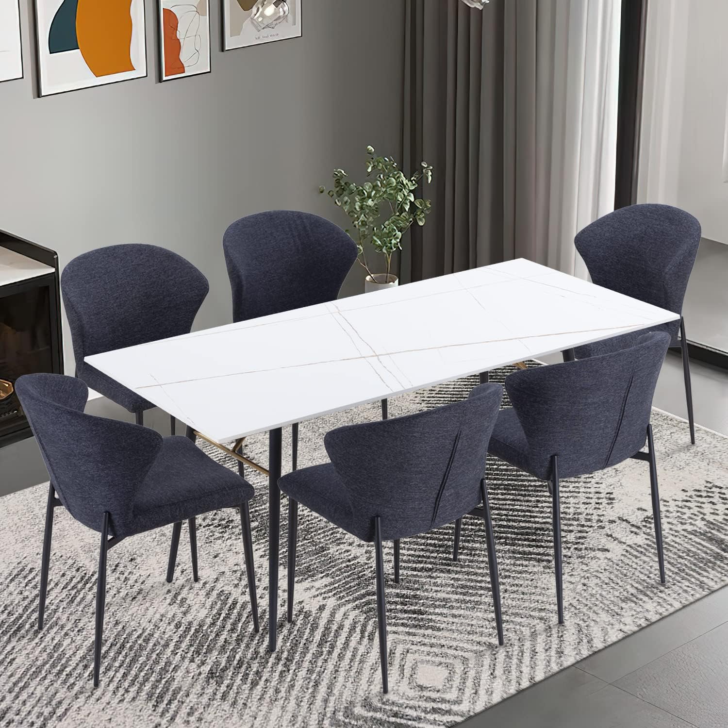 Upholstered Dining Chairs Set of 6, Mid Century Modern Side Chair, Fabic Accent Chair with Metal Legs for Kitchen Bedroom Dining Room Dark Grey