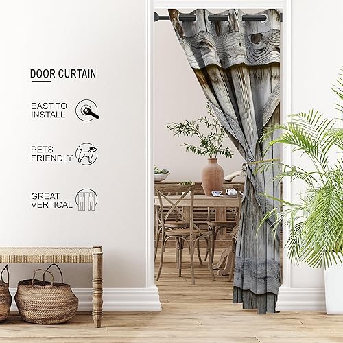 Miniatura 2 de Cortinas opacas de madera para puerta de puerta, estilo granero, estilo rural, para armario de dormitorio de niños, con ojales, aislamiento térmico,