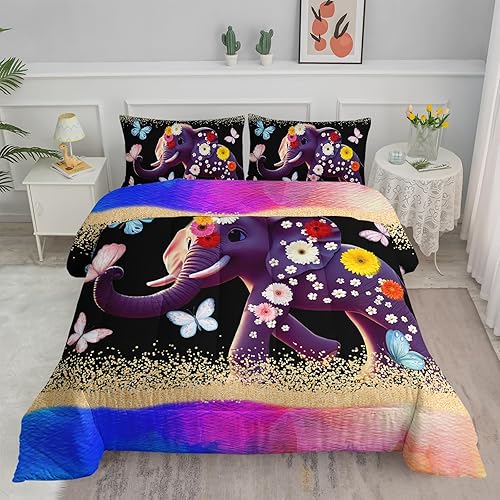 Axolotl Juego de ropa de cama de elefante 3D, tamaño matrimonial, bonito juego de edredón de mariposa voladora, margarita, purpurina degradada para