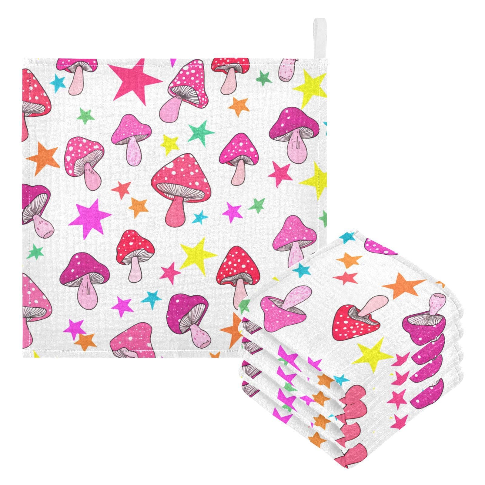 Nander 5Pack Baby Muslin Washcloths,Cute Cartoon Mushroom Soft Face Cloths for Newborn, Absorbent Bath Wash Cloths, Wipes, Burp Rag,Toddlers Essentials Stuff, Baby Registry as Shower