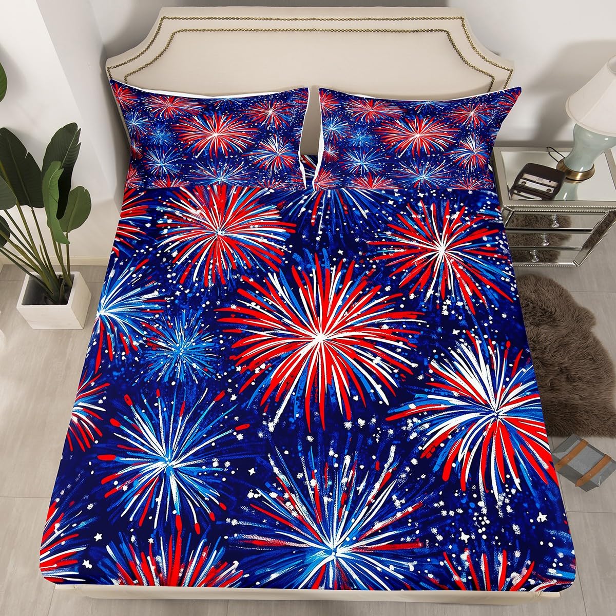 jejeloiu 4th of July Fitted Sheet Queen Size Kids Independence Day Bedding Set for Boys Girls Teens Fireworks