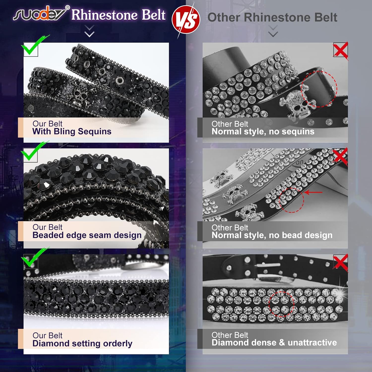 SUOSDEY Skull Rhinestone Sparkly Bling Diamond Sequin Studded Western Cowgirl Cowboy Belt - Image 9