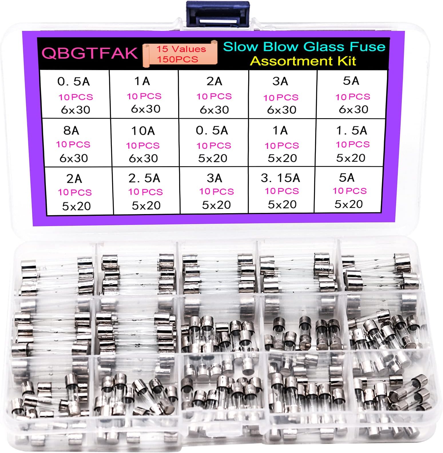 150pcs Slow Blow Glass Fuses