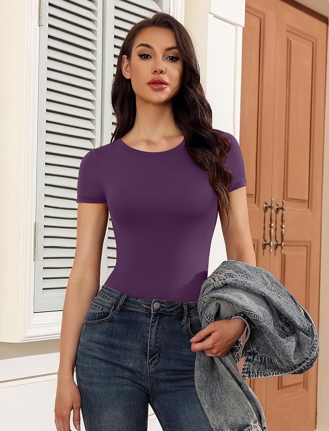Avidlove Women's Short Sleeve Bodysuit Crew Neck Thong Body Suits Basic T-shirts Body Suit Going Out Top Outfits