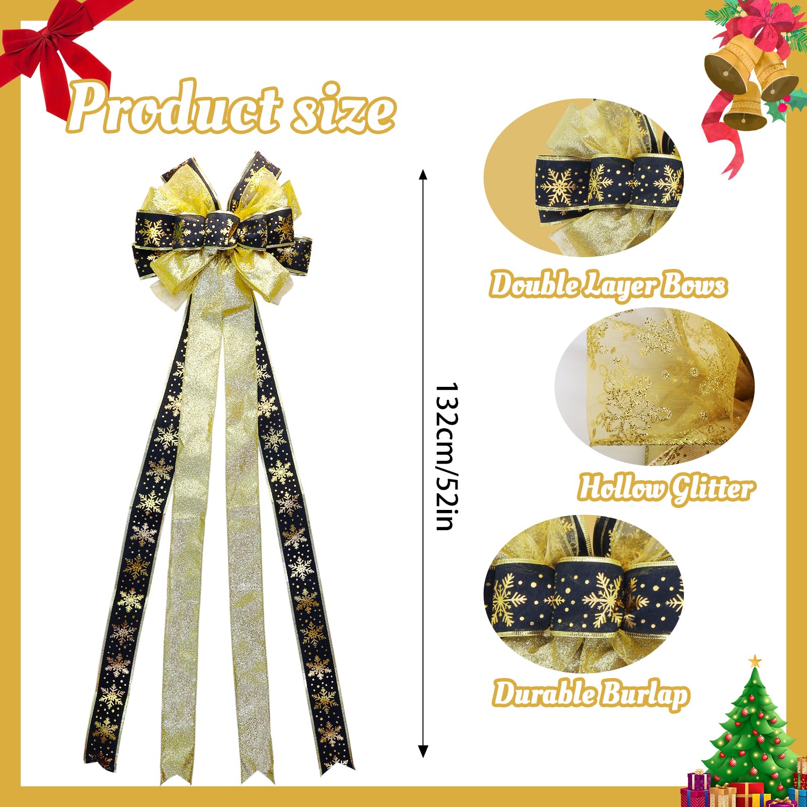 Lazo grande para decoración de árbol de Navidad de 52 x 13 pulgadas, lazos de corona de cinta con alambre preatados, adornos de Navidad con borde largo con alambre para vacaciones, Acción de Gracias,
