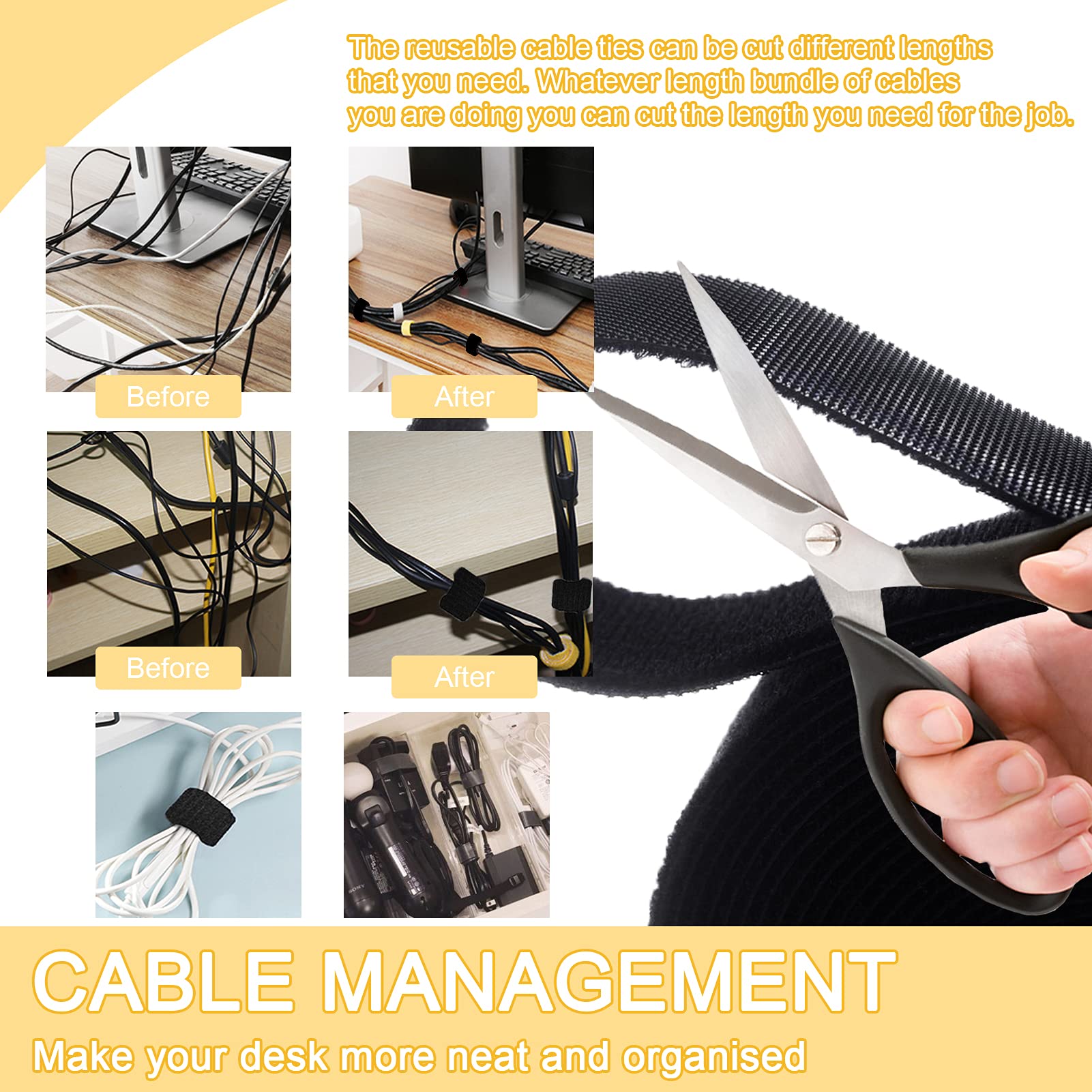 TEUVO 9CM x 4M Cinta de Gancho y Bucle Bridas, Doble Cara Cables Para Atando Cable, Bridas Reutilizables para Cable La administración, Artesanía de bricolaje, Alrededor de Inicio y Oficina Negro