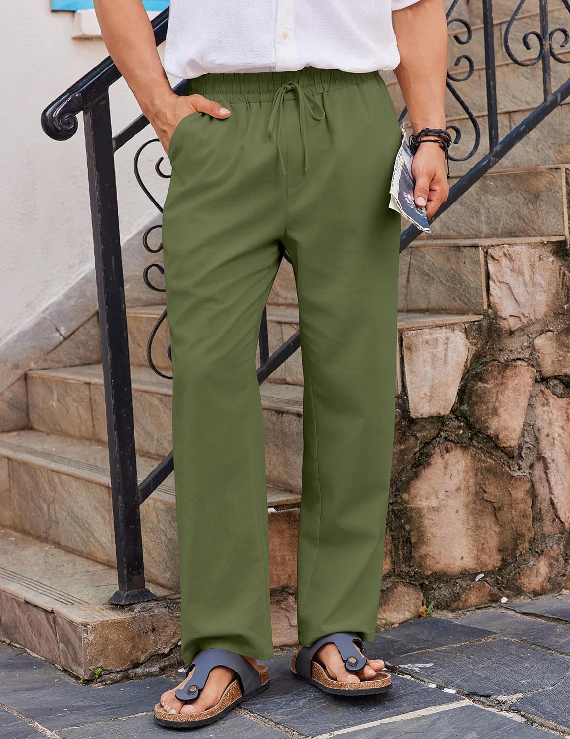COOFANDY Men's Casual Linen Pants Loose Fit Elastic Waist Drawstring Lightweight Pant Summer Beach Trousers - Image 2
