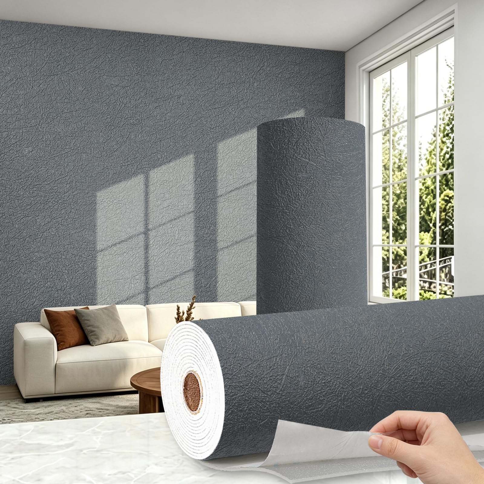 Trafagala 2 Roll Thick Self Adhesive Thermal Wallpaper Damp Proof Foil Backed Wallpaper Mould Resistant Waterproof Insulated Wall Covering Roll 3D Black Textured Peel and Stick to Cover Bad Walls