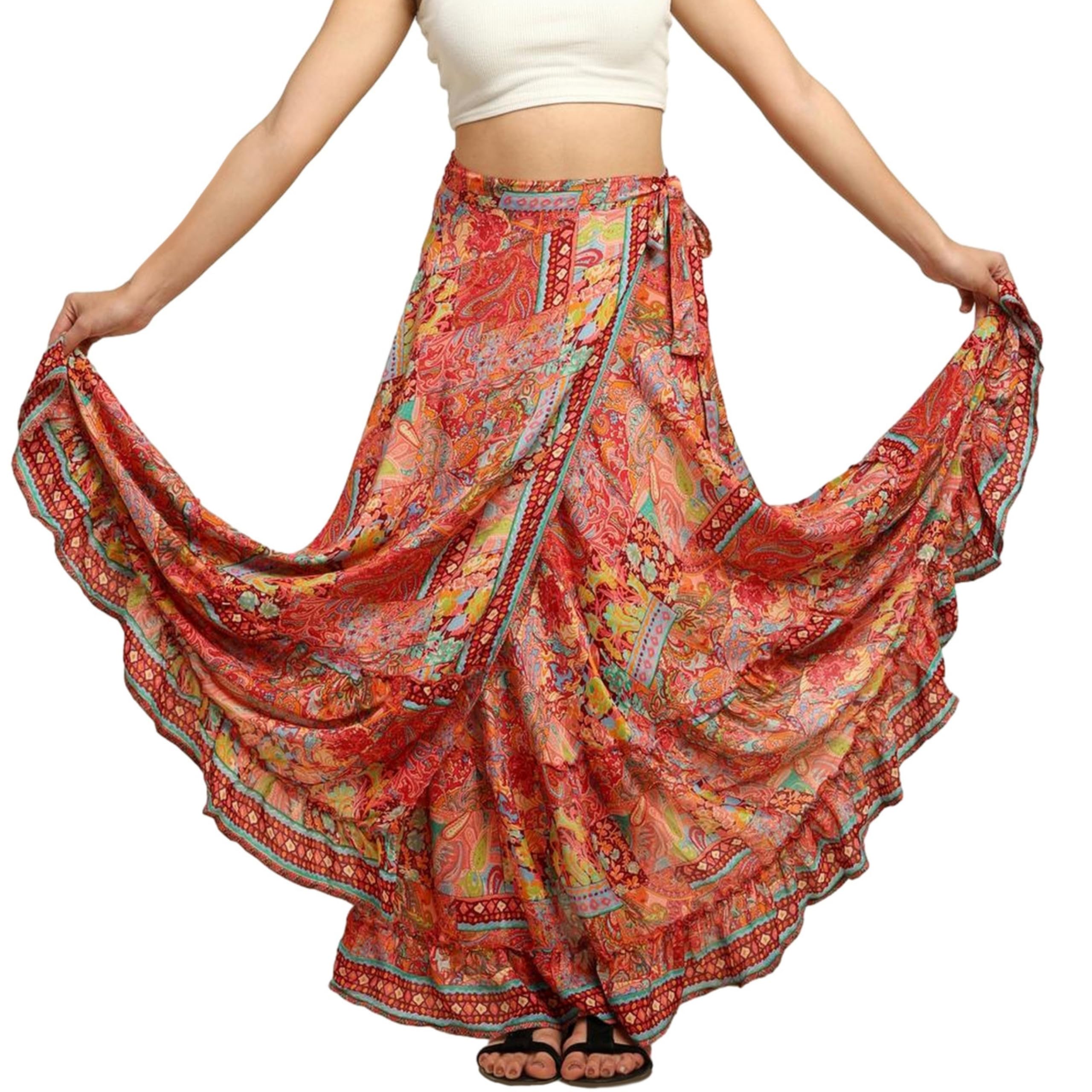 KE KANHA EXPORTS Women Long Flared Skirt | Multi Styling Wrap Skirt for Woman Halter Dress Boho Maxi Dress | Soft Silky Ethnic Print-image-29