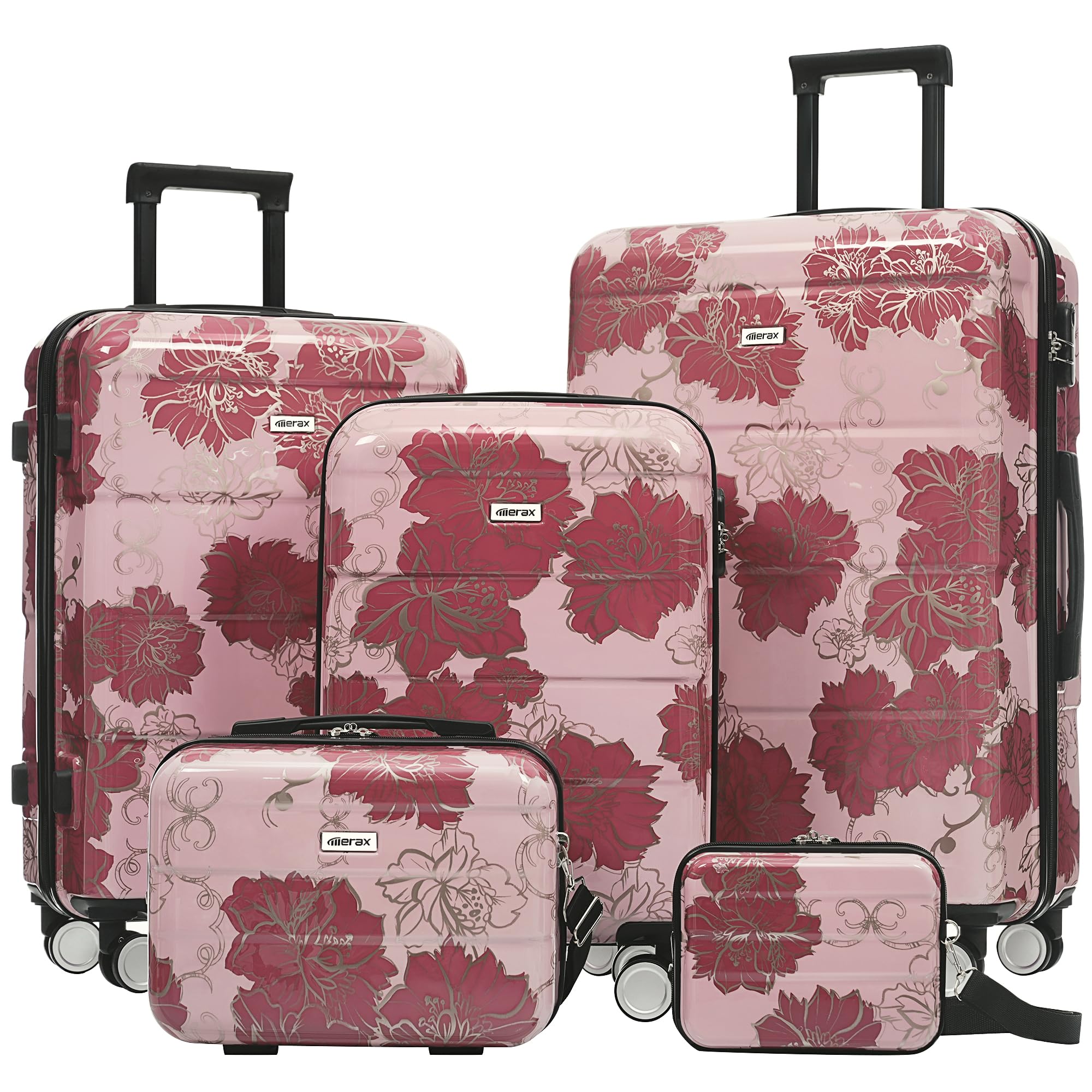 Merax 5 Piece Luggage Set with Spinner Wheels, Lightweight Printing Suitcase Set 8/14/20/24/28 inches, Durable Carry on Luggage with Handbag and