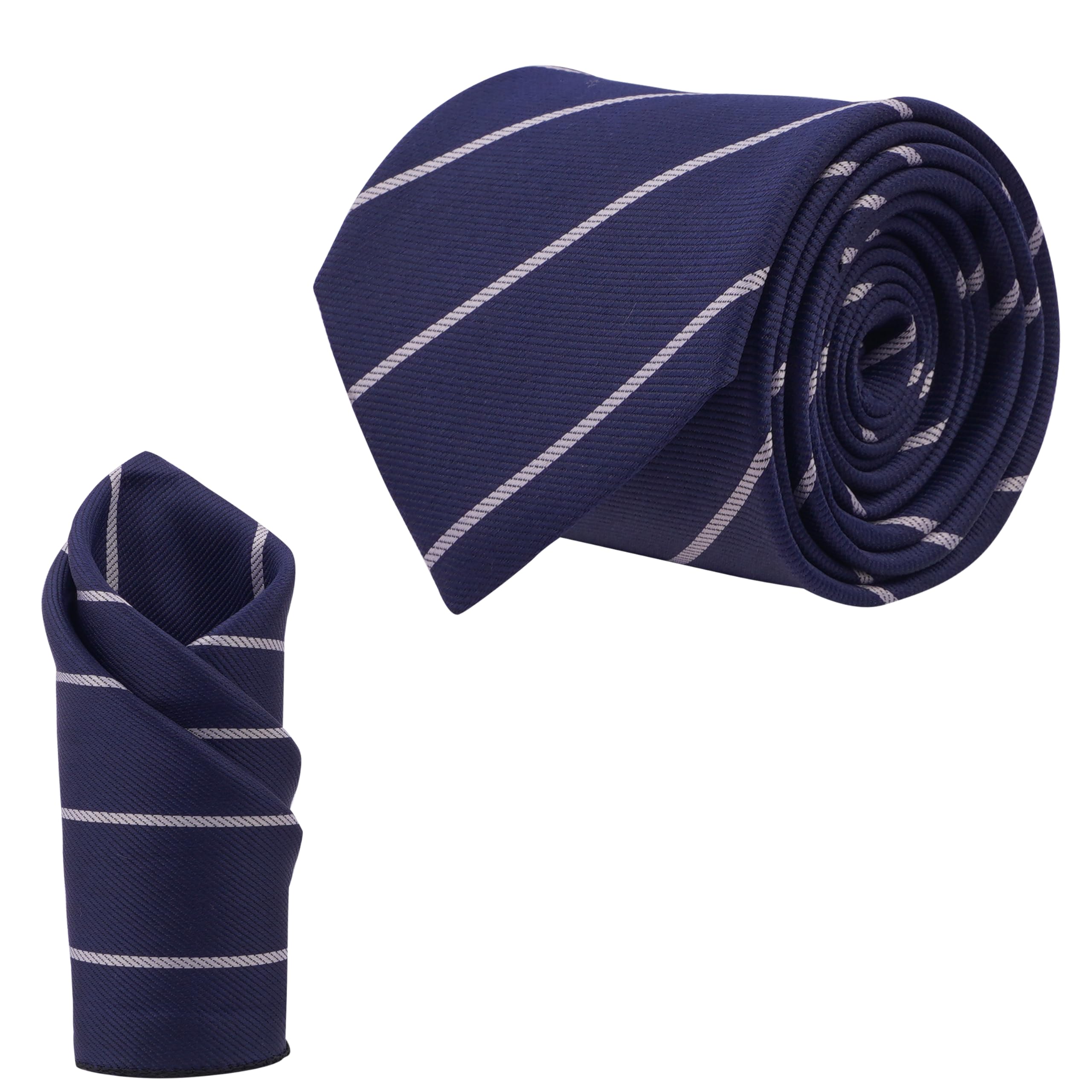 calixto Men'S Navy Blue Color Stripes Ties, Micropoly Formal Necktie With Pocket Square, Silky Feel (Pack Of 2).-picture-34