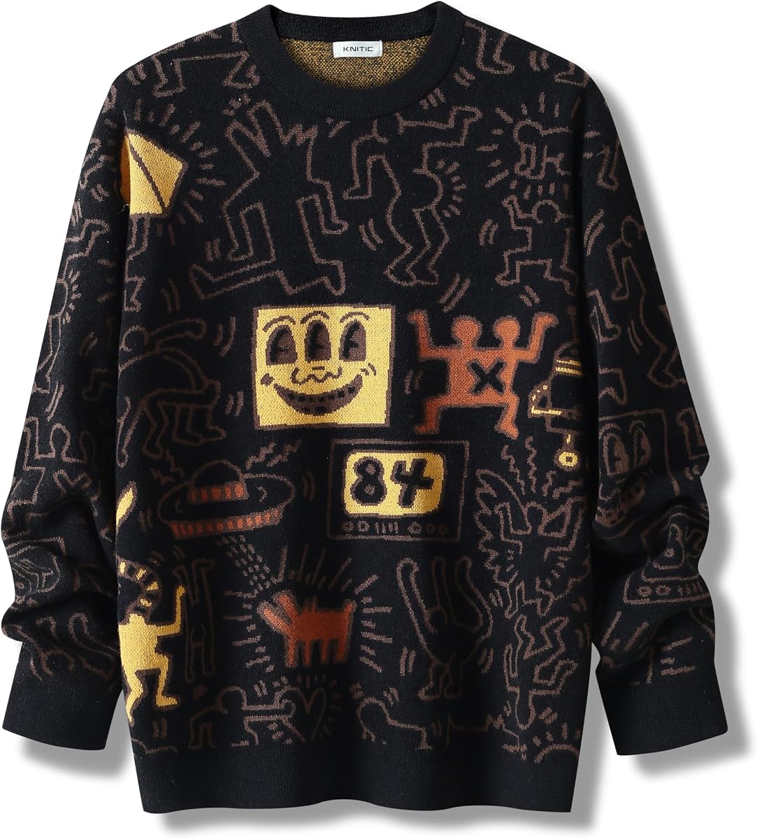Suéteres con gráficos de graffiti para hombre Jersey de punto de gran tamaño vintage Sudadera holgada informal de manga larga con cuello redondo