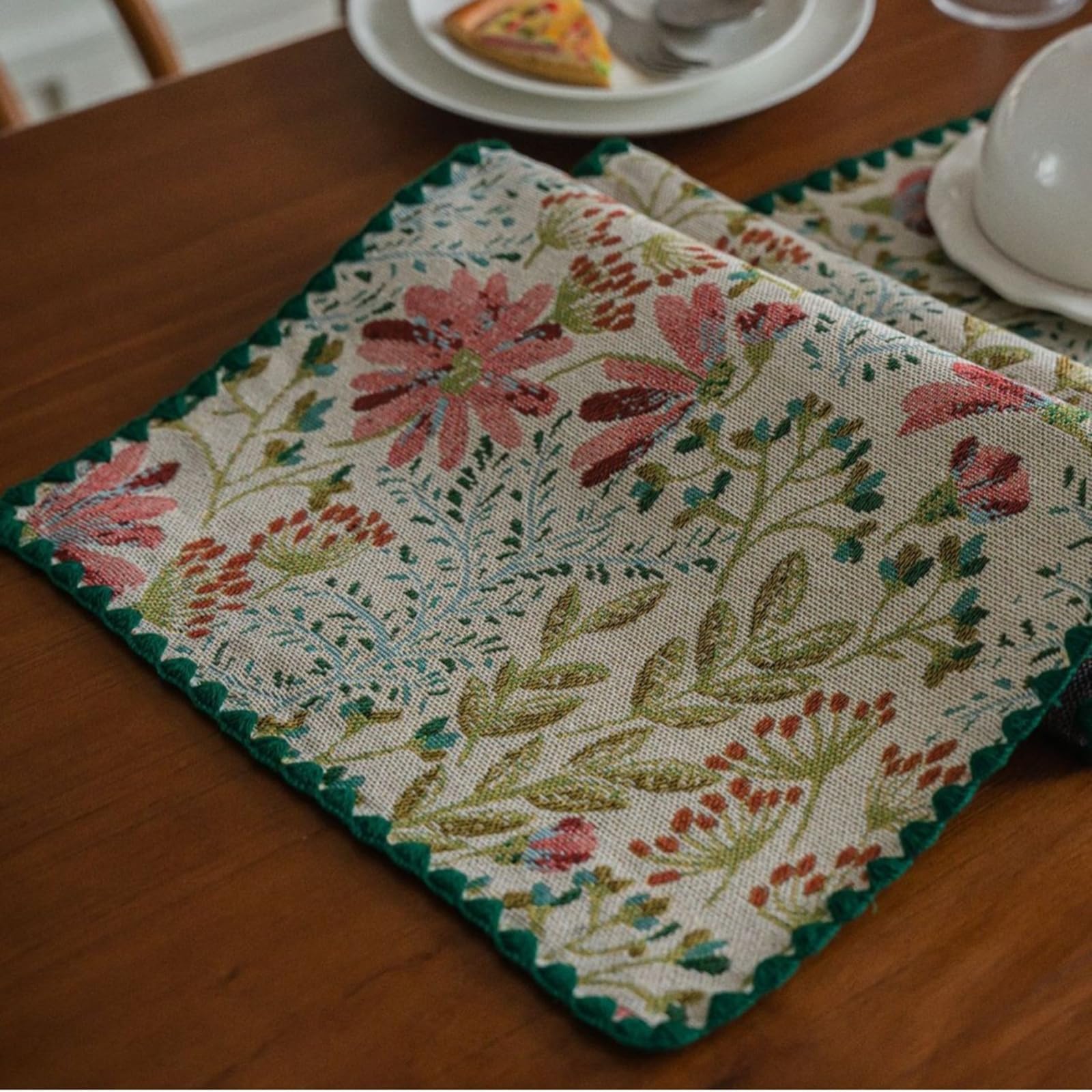Tischläufer Polybaumwolle Landhausstil, Tischläufer Wohnzimmer 30x275 cm, Jacquard mit Blumen- und Blättermotiv