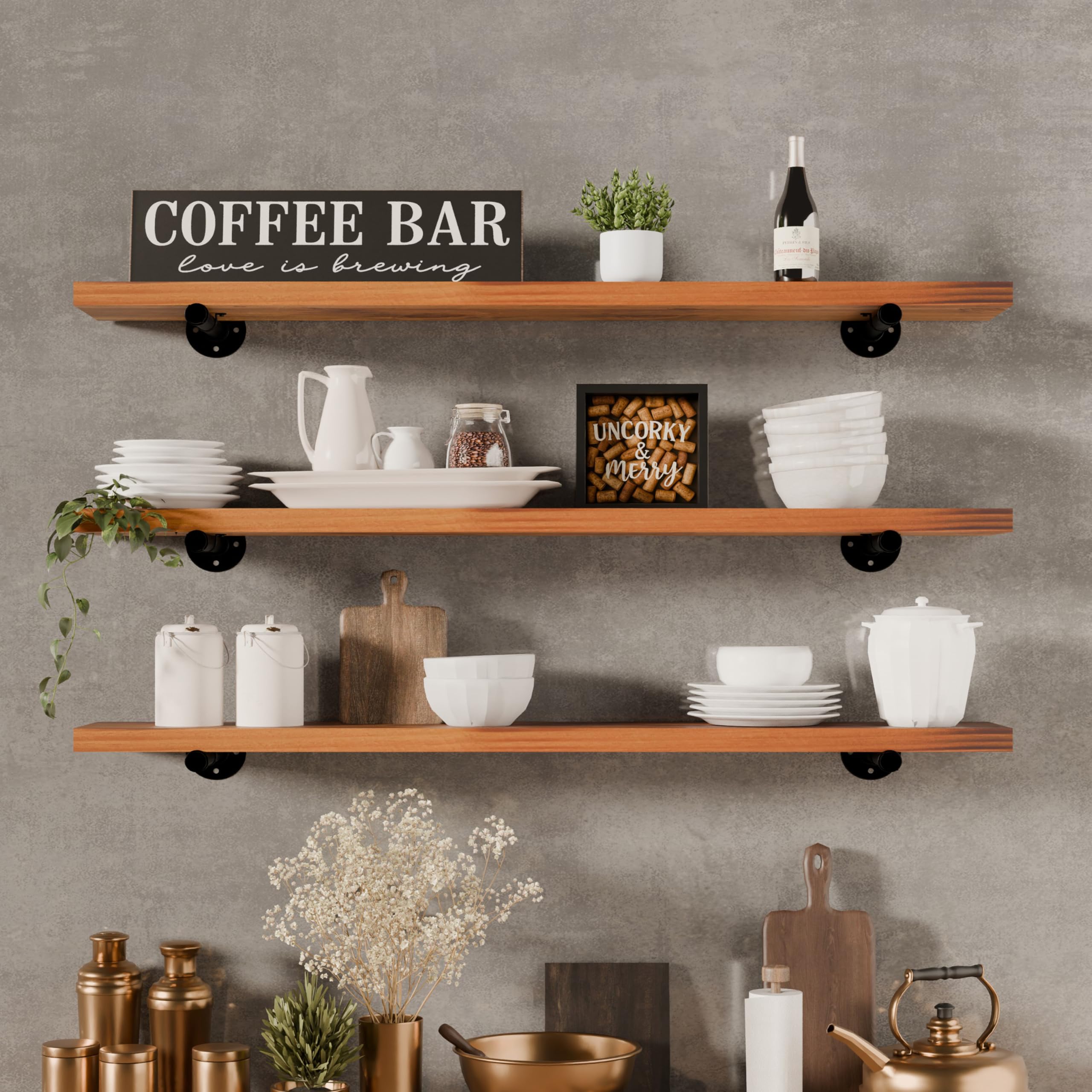 HDDFER Industrial Pipe Wall Wood Shelves,Real Wooden Shelves 36" in Walnut Color with 1.2" Extra Thickness, Modern Floating Shevles