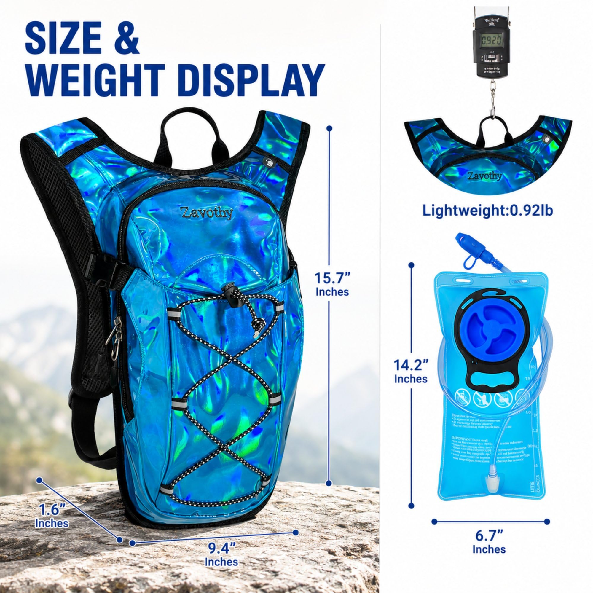 Zavothy Rave Sac à dos d'hydratation léger pour cyclisme, course à pied, sac d'hydratation, sac à dos de randonnée avec poche à eau de 2 L, bleu clair