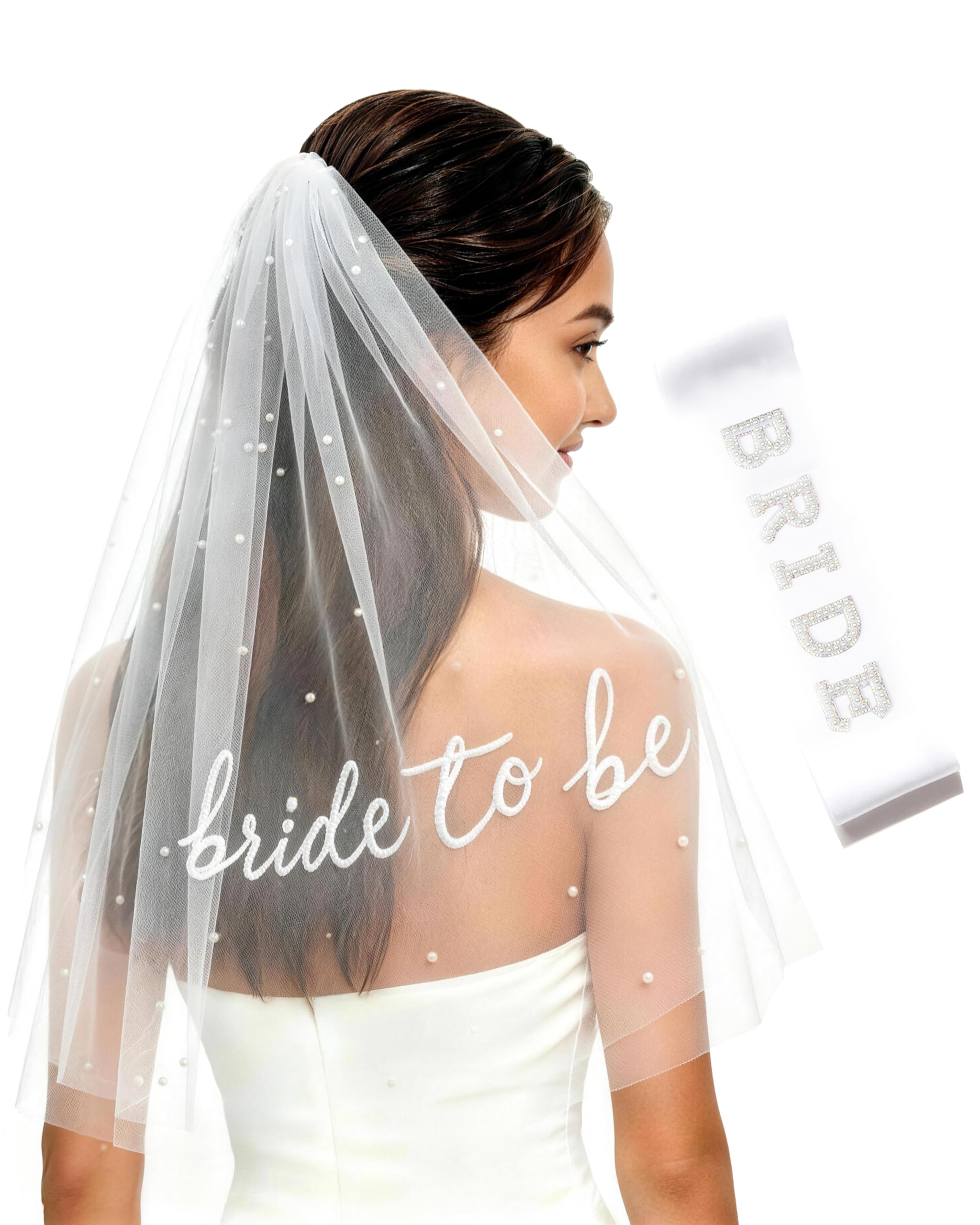 Leisofter Bride To Be Sash and Veil White for Bachelorette Party Embroidered Pearl 2 Tier Veil and BRIDE Pearl Sash Set